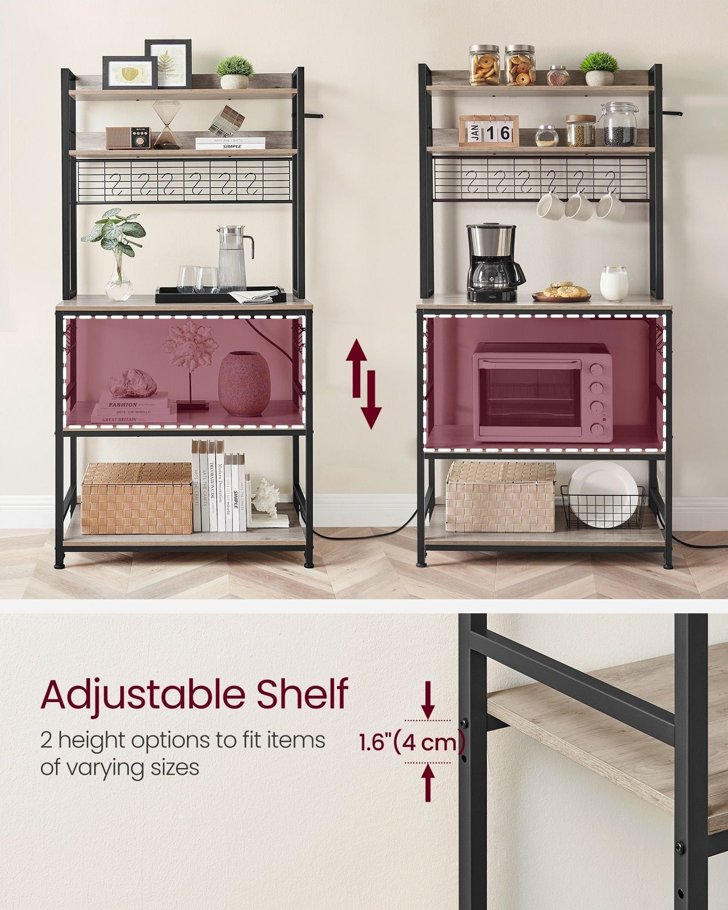 Kitchen Storage Rack - Steel - Greige and Ink Black - with Power Outlet and 14 Hooks