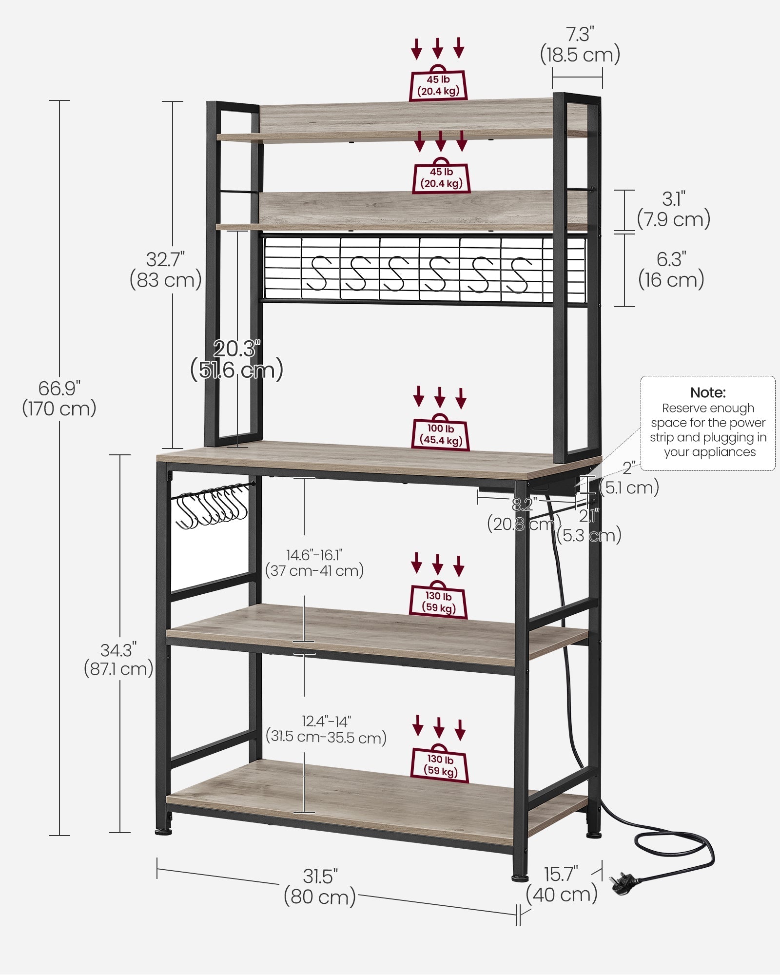 Kitchen Storage Rack - Steel - Greige and Ink Black - with Power Outlet and 14 Hooks
