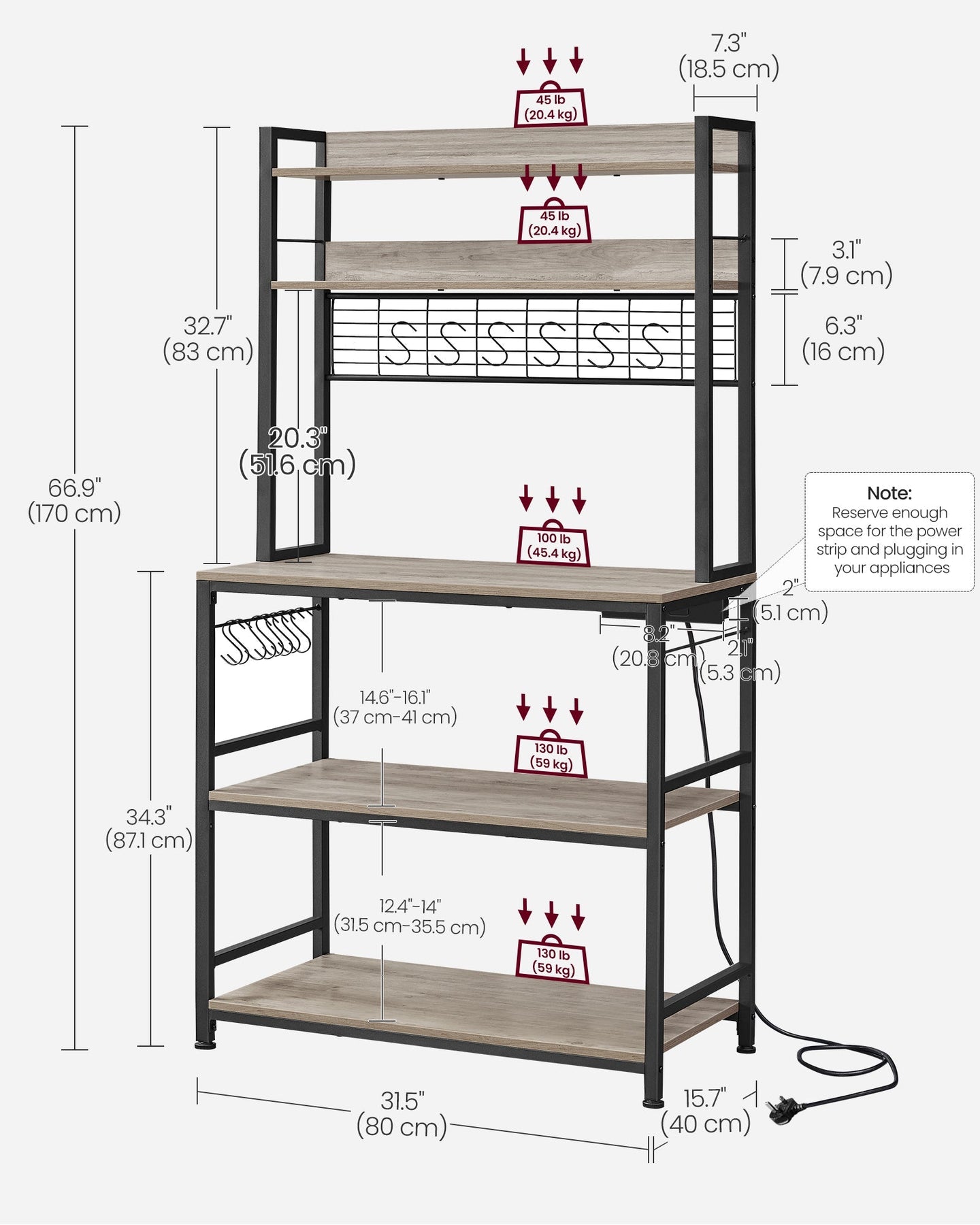Kitchen Storage Rack - Steel - Greige and Ink Black - with Power Outlet and 14 Hooks