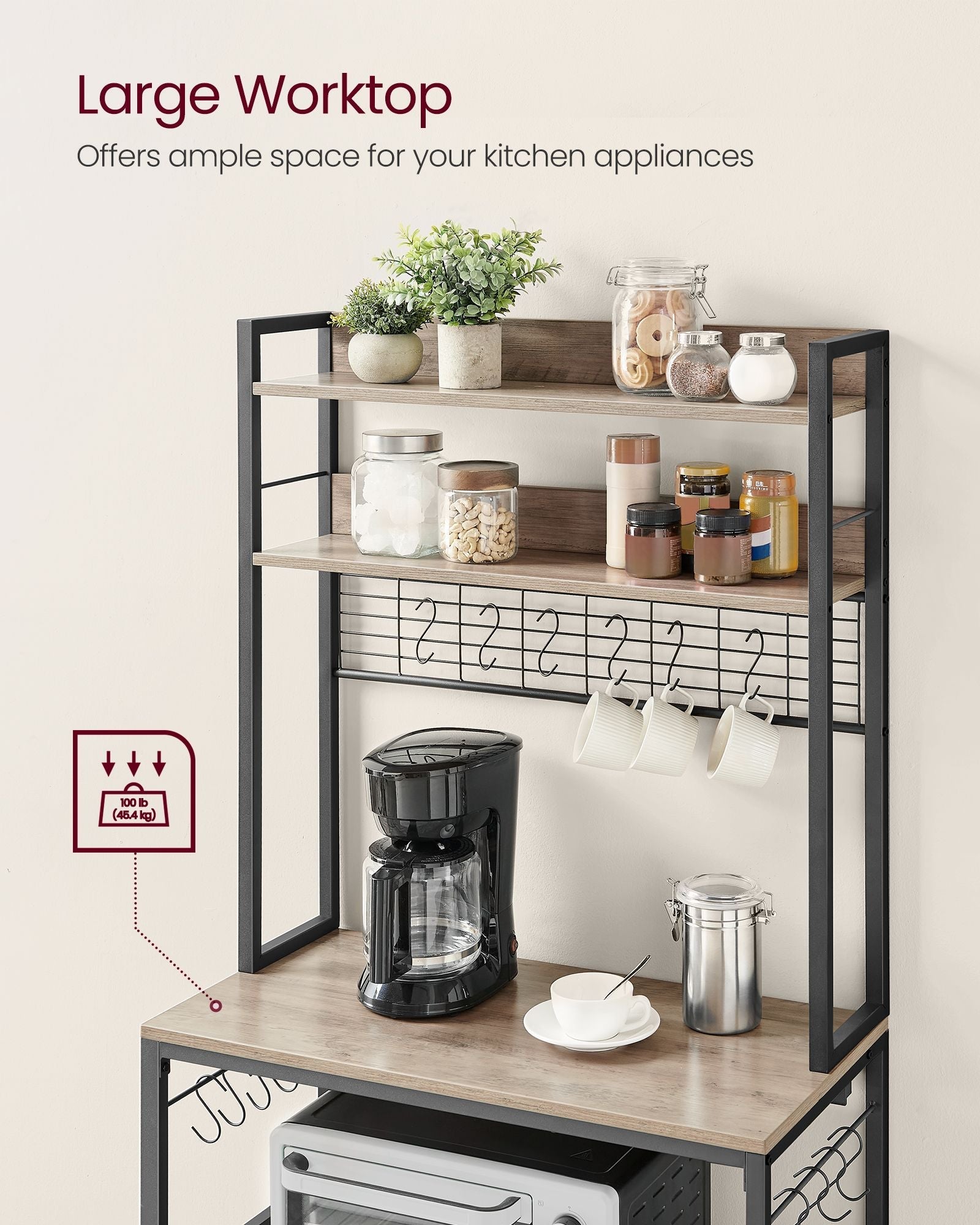 Kitchen Storage Rack - Steel - Greige and Ink Black - with Power Outlet and 14 Hooks
