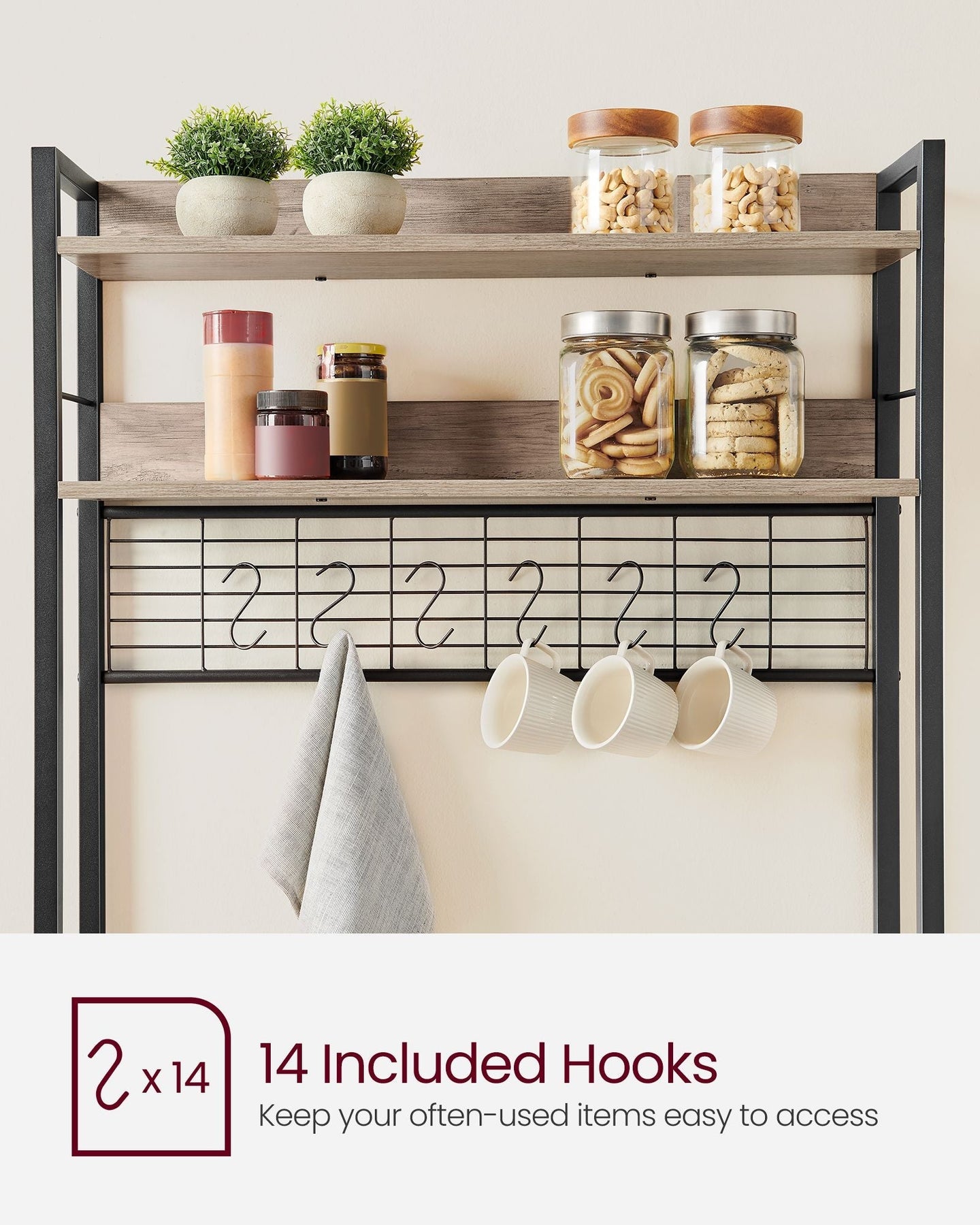 Kitchen Storage Rack - Steel - Greige and Ink Black - with Power Outlet and 14 Hooks
