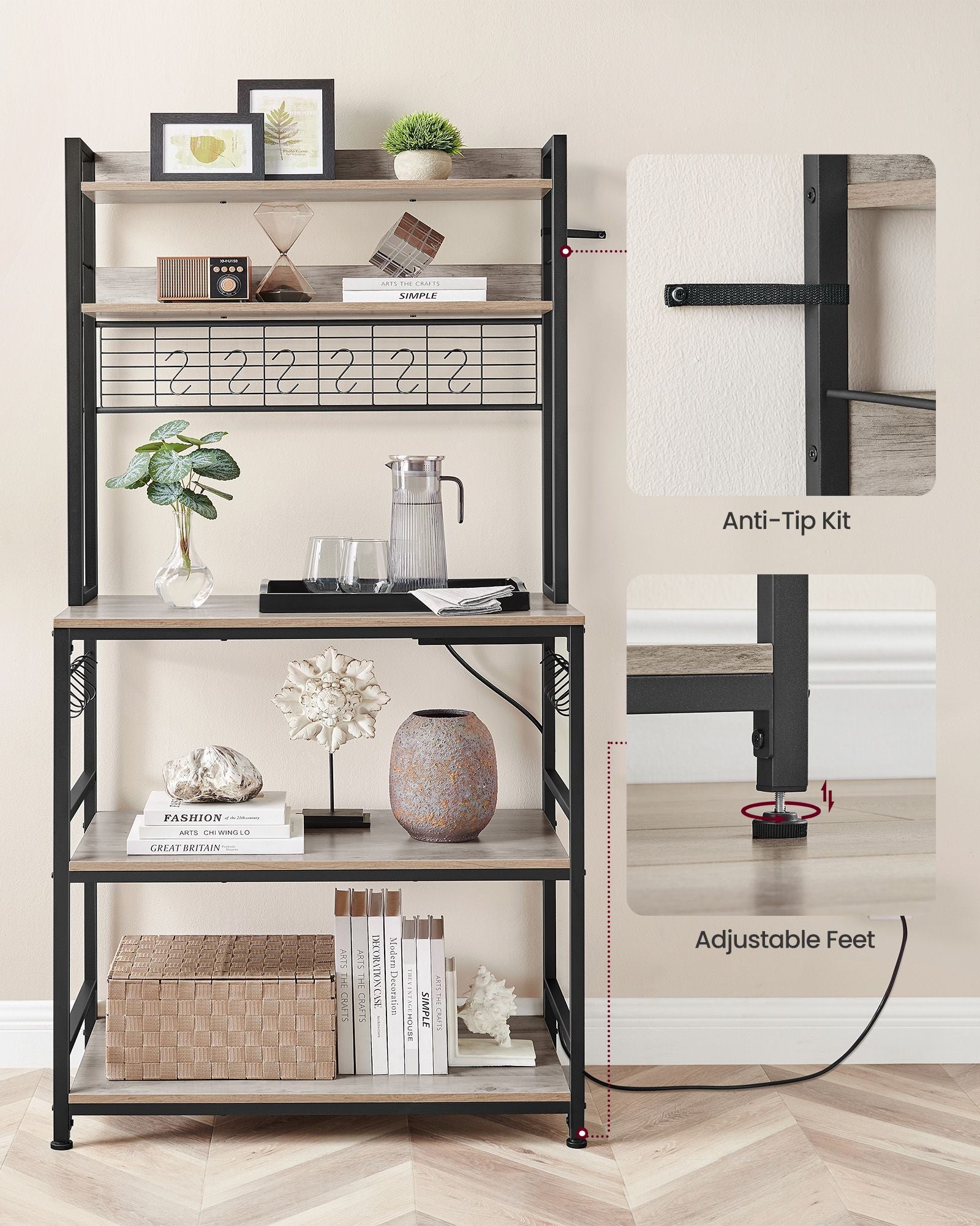 Kitchen Storage Rack - Steel - Greige and Ink Black - with Power Outlet and 14 Hooks