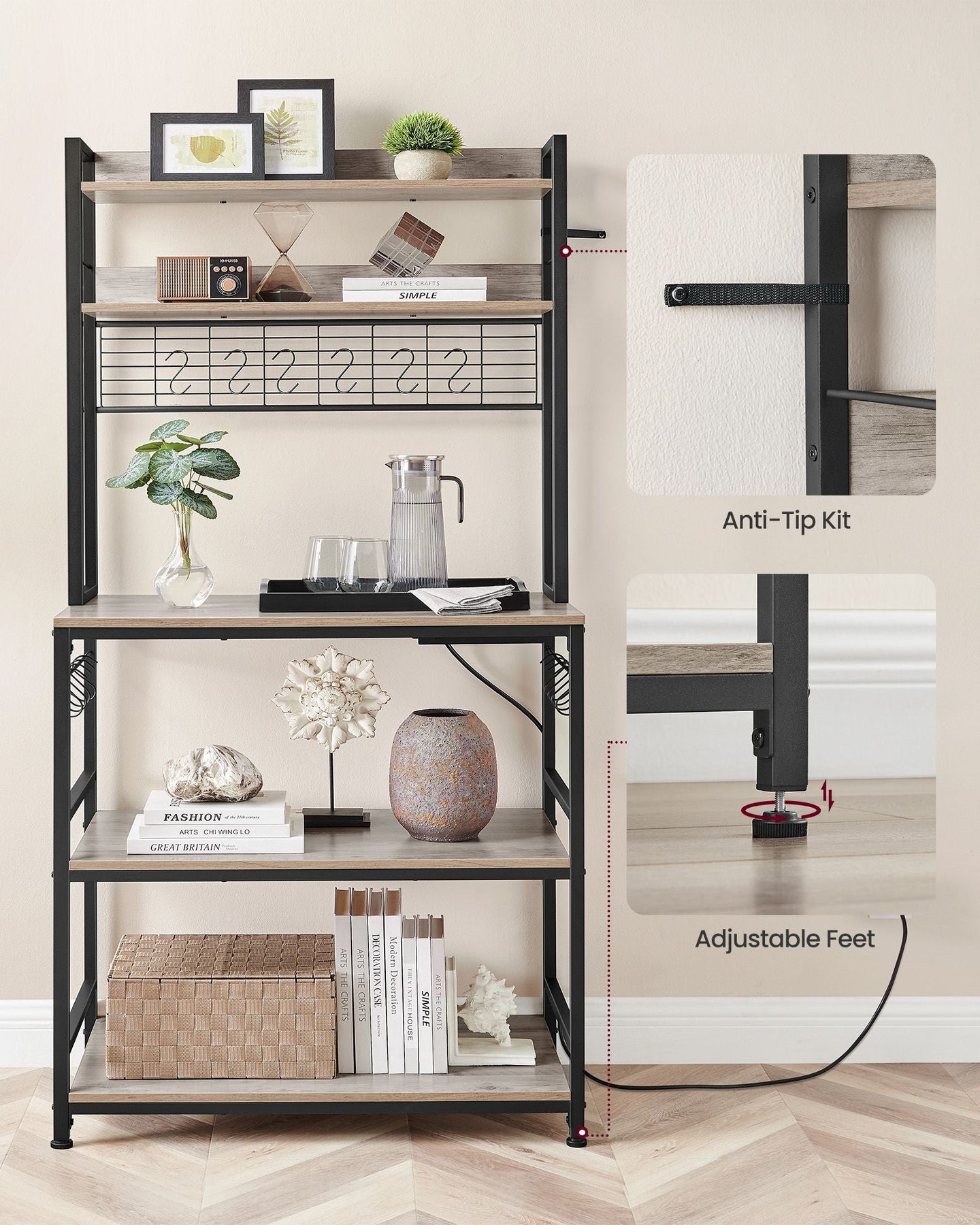 Kitchen Storage Rack - Steel - Greige and Ink Black - with Power Outlet and 14 Hooks