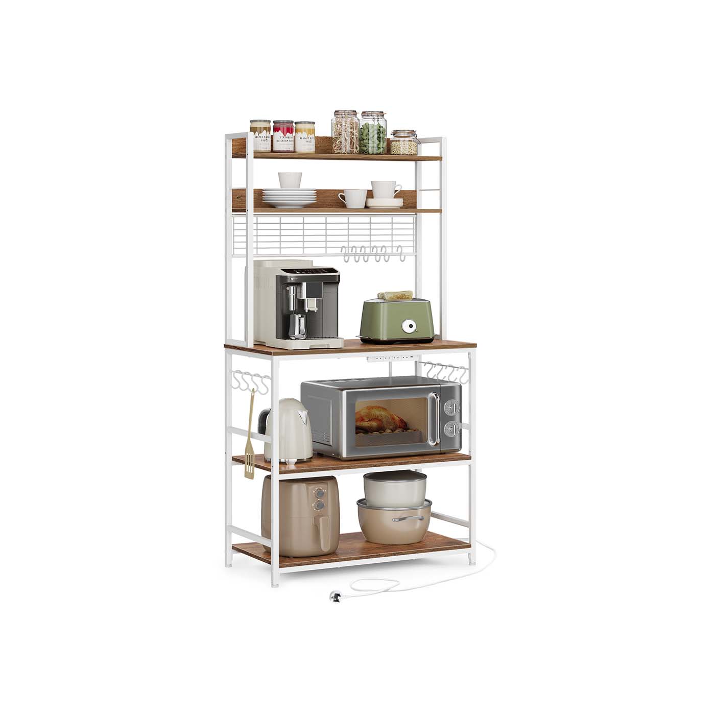 Kitchen Storage Rack - Steel Frame - Rustic Walnut and White - Power Outlet and 14 Hooks