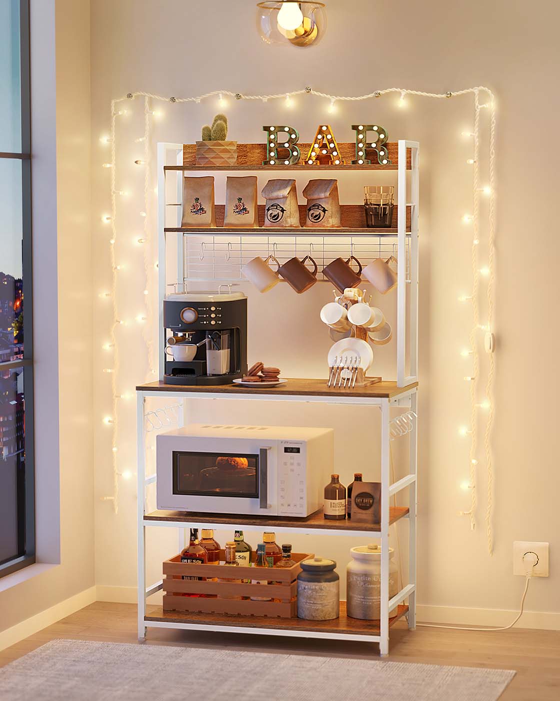 Kitchen Storage Rack - Steel Frame - Rustic Walnut and White - Power Outlet and 14 Hooks