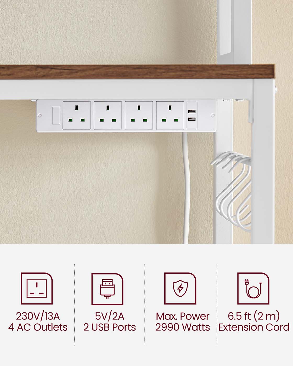 Kitchen Storage Rack - Steel Frame - Rustic Walnut and White - Power Outlet and 14 Hooks