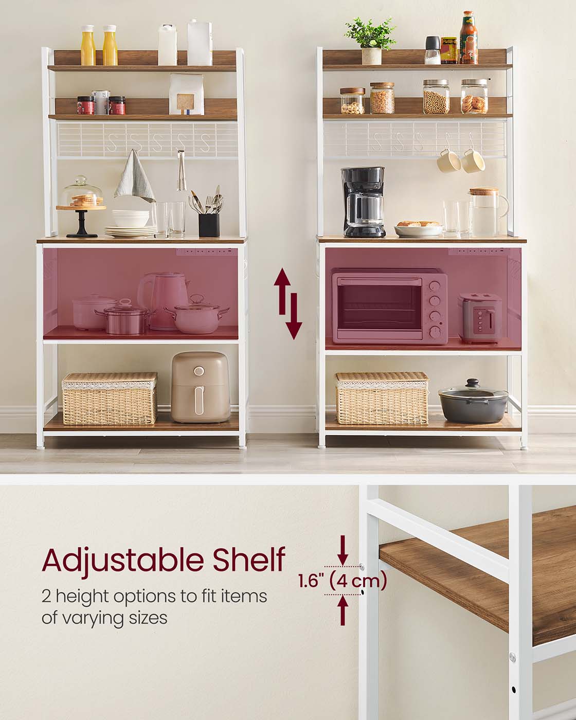 Kitchen Storage Rack - Steel Frame - Rustic Walnut and White - Power Outlet and 14 Hooks