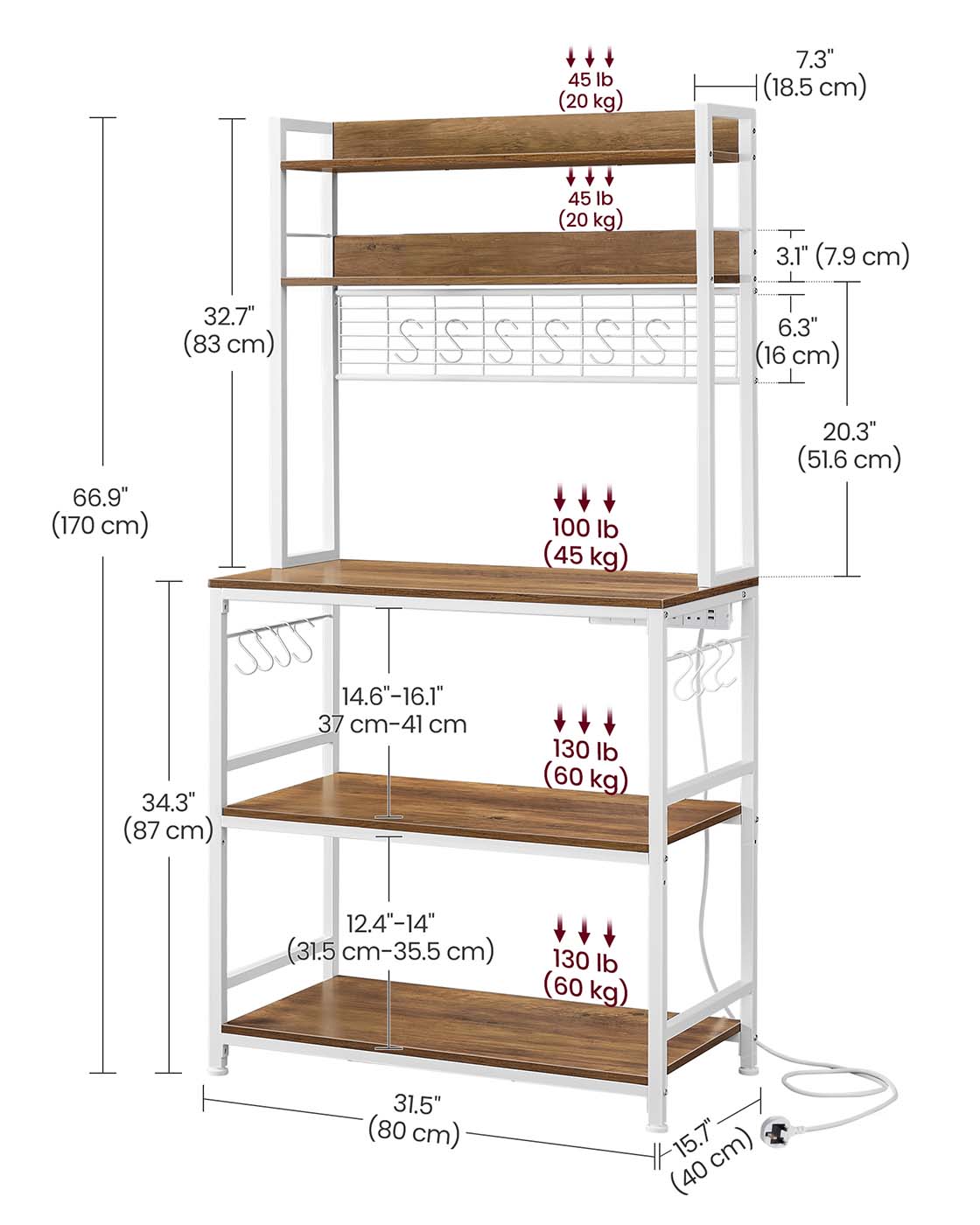 Kitchen Storage Rack - Steel Frame - Rustic Walnut and White - Power Outlet and 14 Hooks