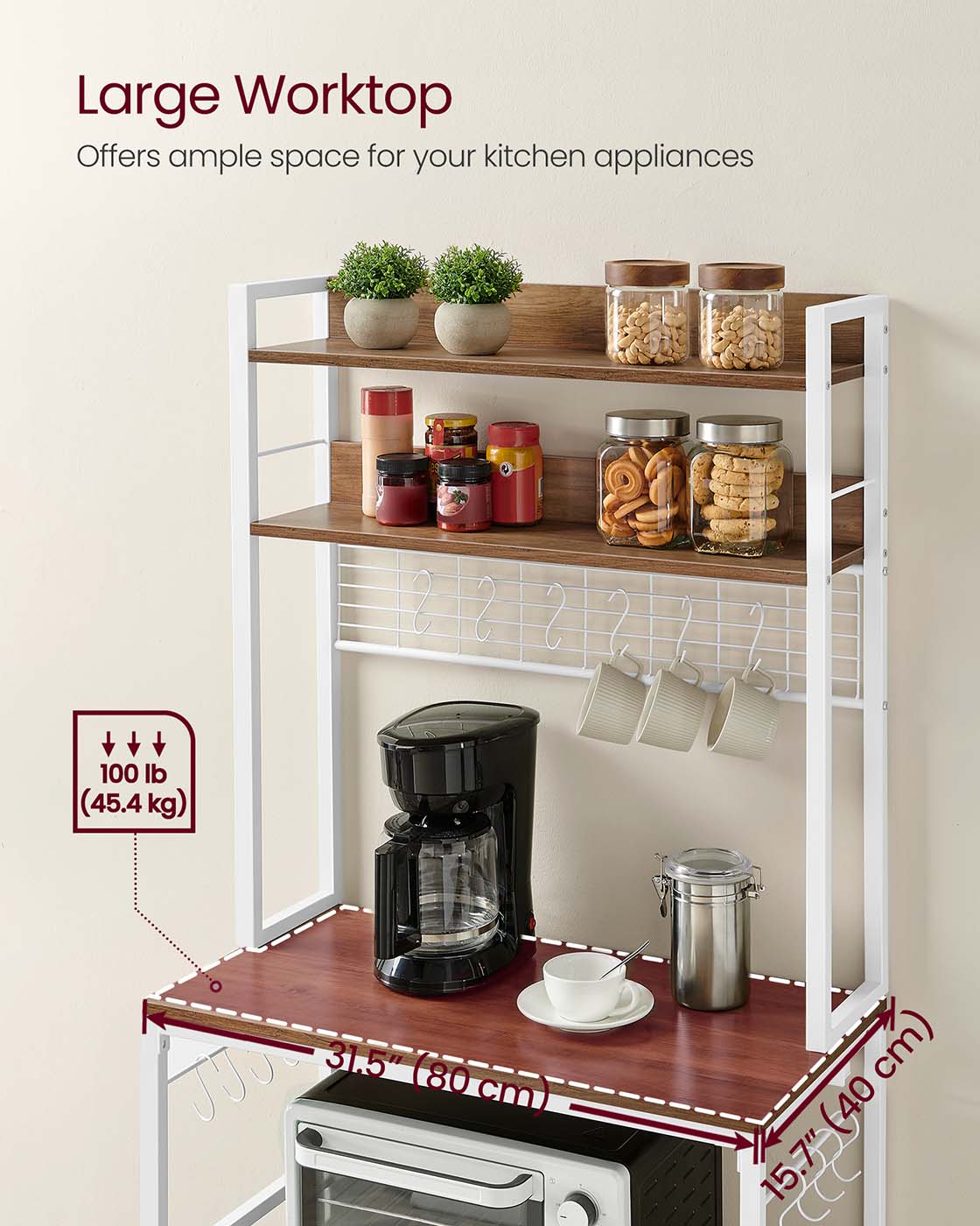 Kitchen Storage Rack - Steel Frame - Rustic Walnut and White - Power Outlet and 14 Hooks