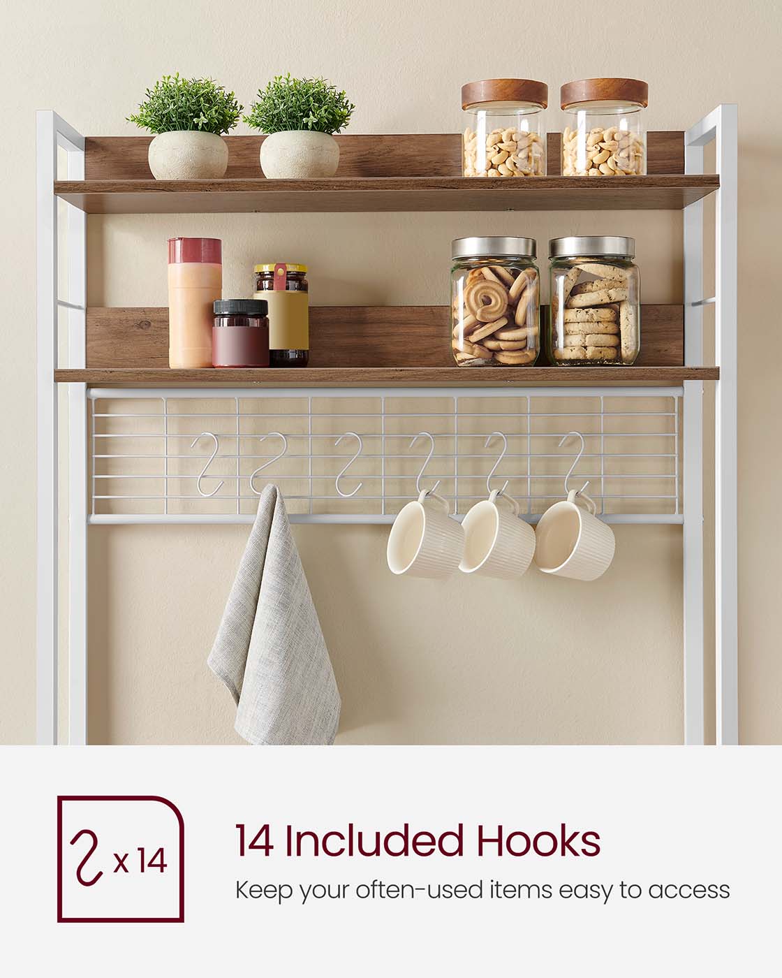Kitchen Storage Rack - Steel Frame - Rustic Walnut and White - Power Outlet and 14 Hooks
