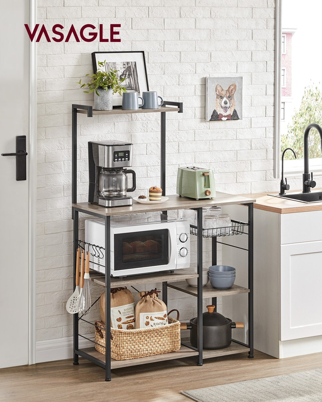 Baker's Rack - Metal - Greige and Black - Multi-functional Kitchen Storage with Wire Basket and S-Hooks
