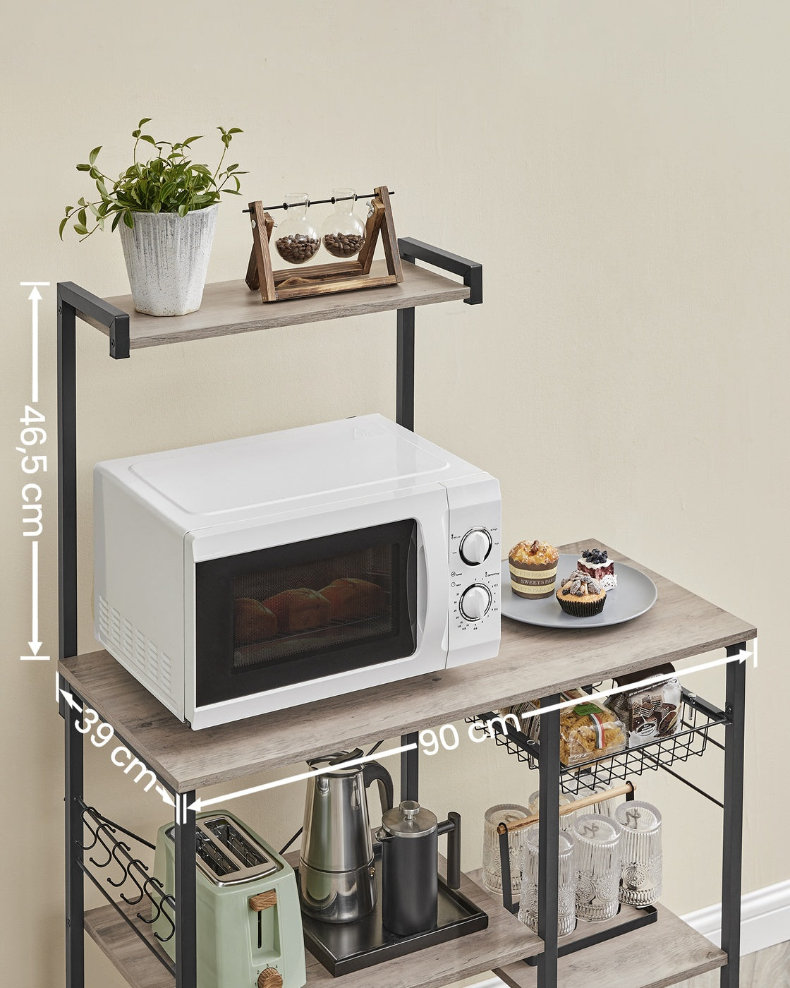 Baker's Rack - Metal - Greige and Black - Multi-functional Kitchen Storage with Wire Basket and S-Hooks
