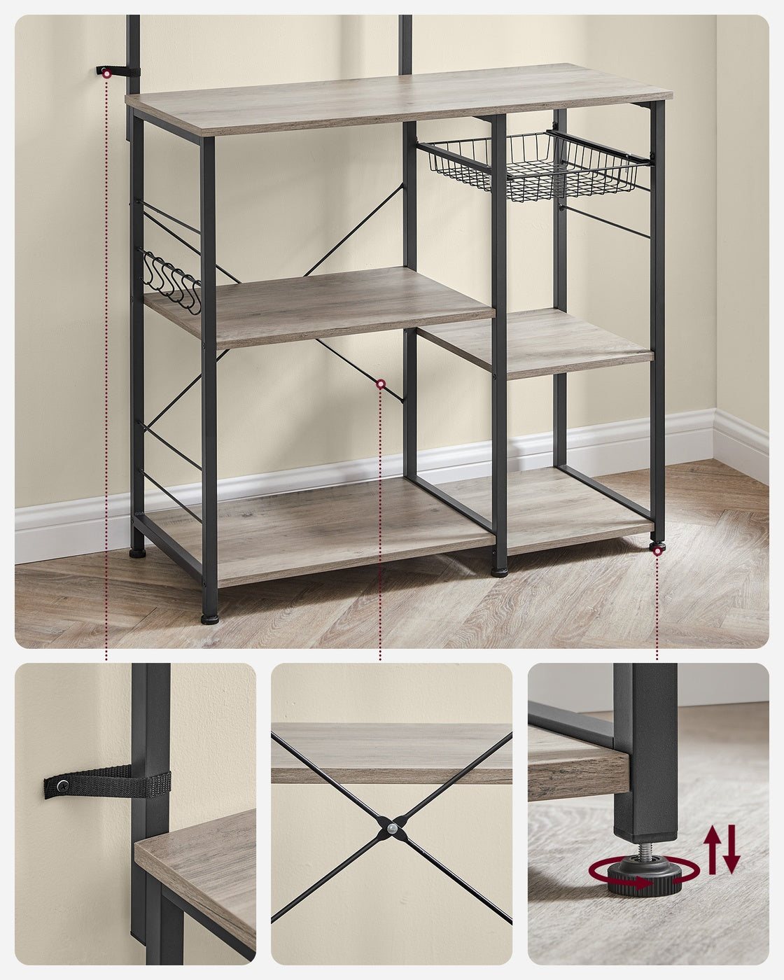 Baker's Rack - Metal - Greige and Black - Multi-functional Kitchen Storage with Wire Basket and S-Hooks