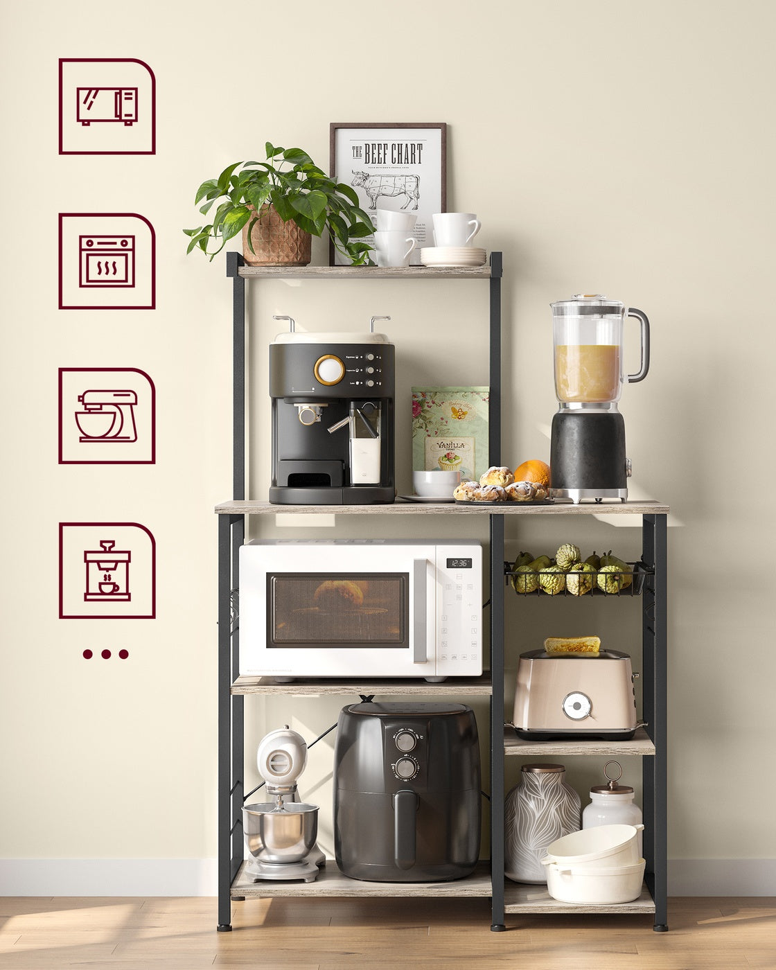Baker's Rack - Metal - Greige and Black - Multi-functional Kitchen Storage with Wire Basket and S-Hooks