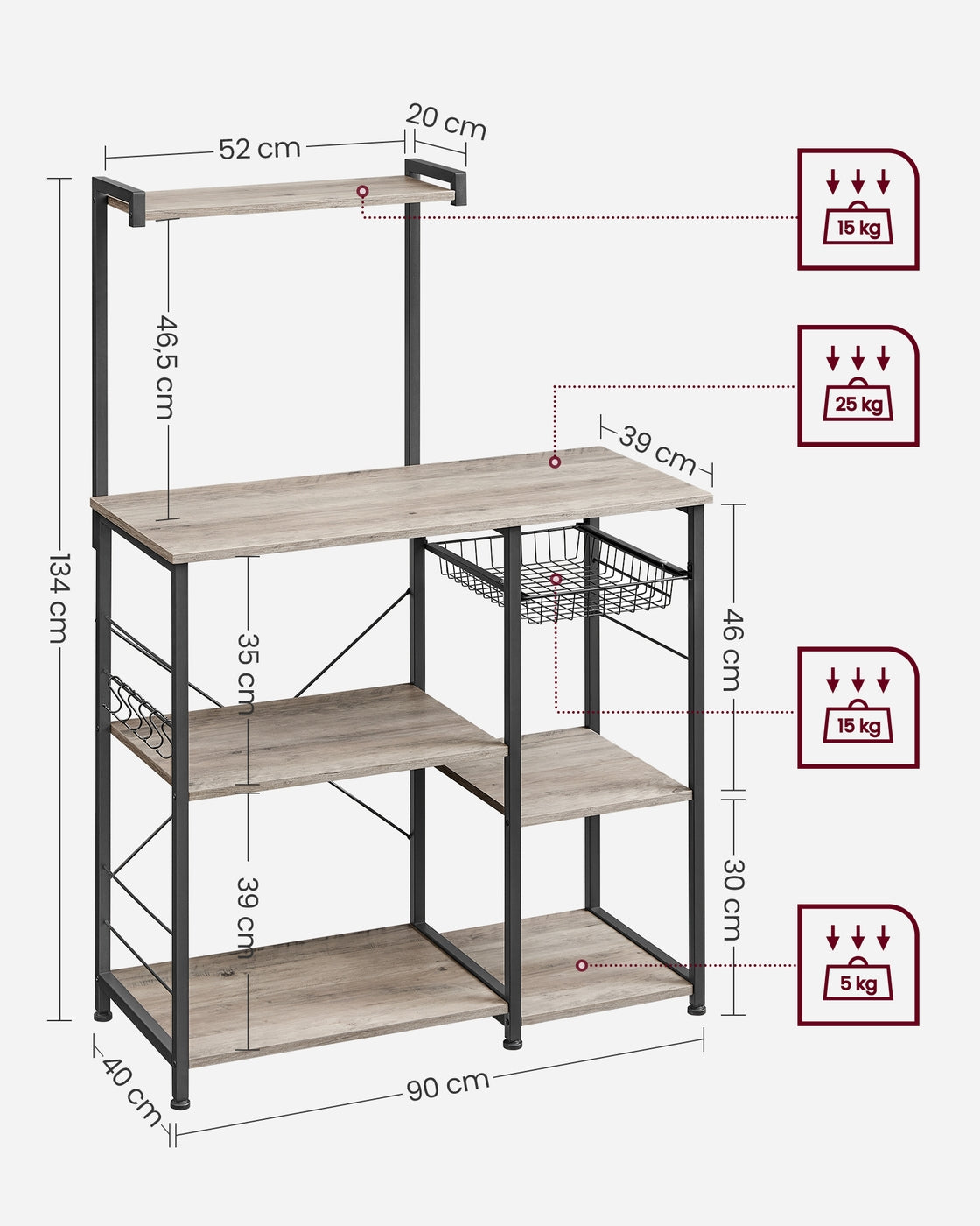 Baker's Rack - Metal - Greige and Black - Multi-functional Kitchen Storage with Wire Basket and S-Hooks