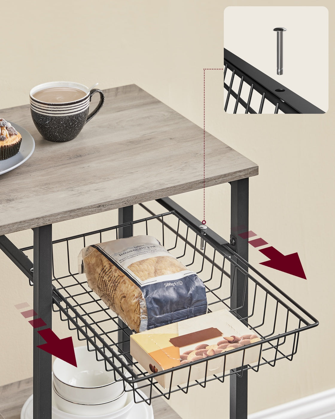 Baker's Rack - Metal - Greige and Black - Multi-functional Kitchen Storage with Wire Basket and S-Hooks