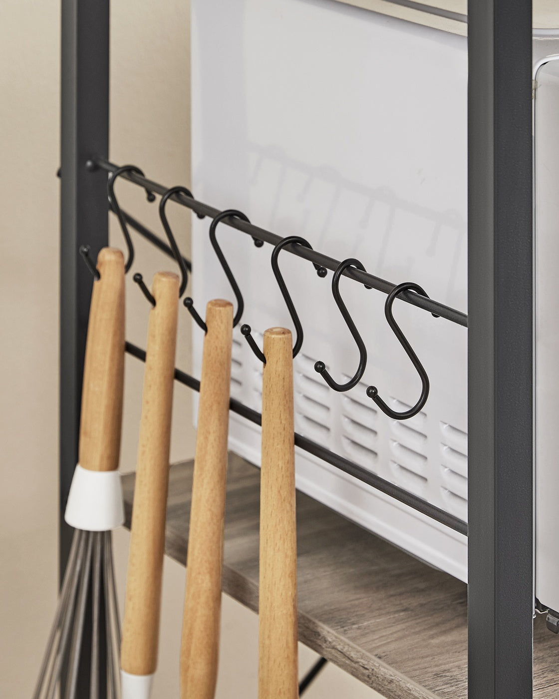 Baker's Rack - Metal - Greige and Black - Multi-functional Kitchen Storage with Wire Basket and S-Hooks
