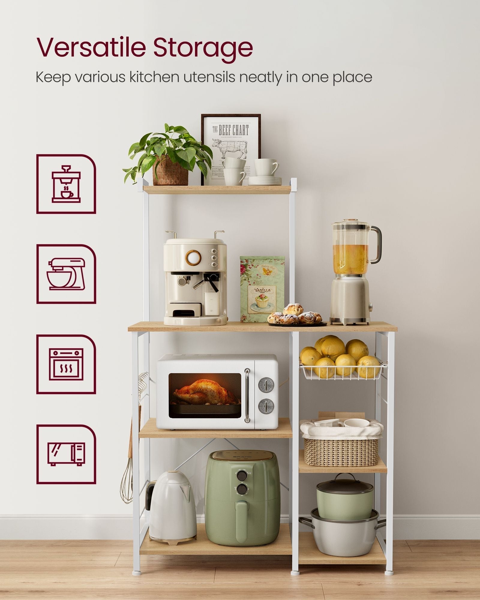 Kitchen Baker's Rack - Metal - Greige and Black - Includes Wire Basket and 6 S-Hooks