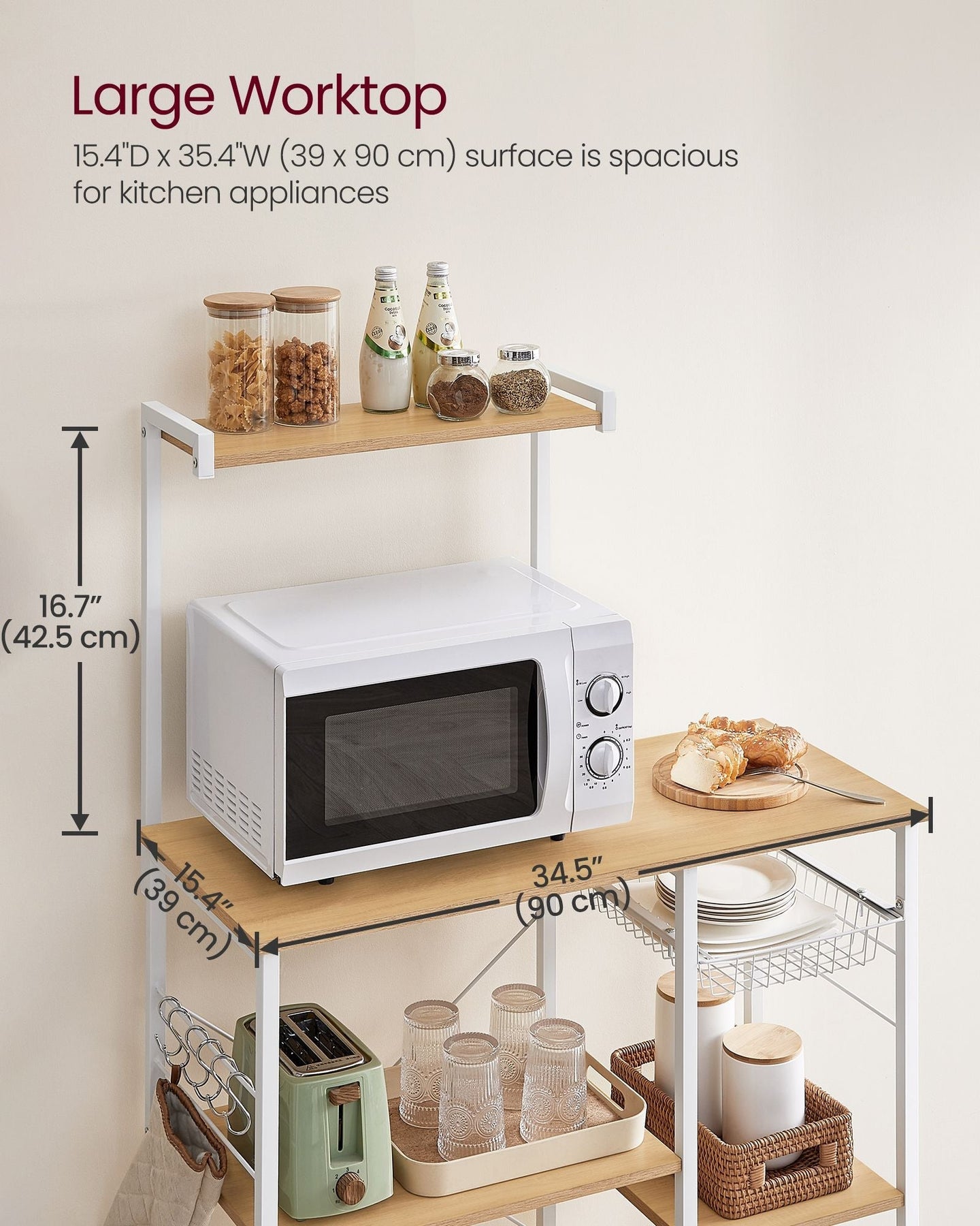 Kitchen Baker's Rack - Metal - Greige and Black - Includes Wire Basket and 6 S-Hooks