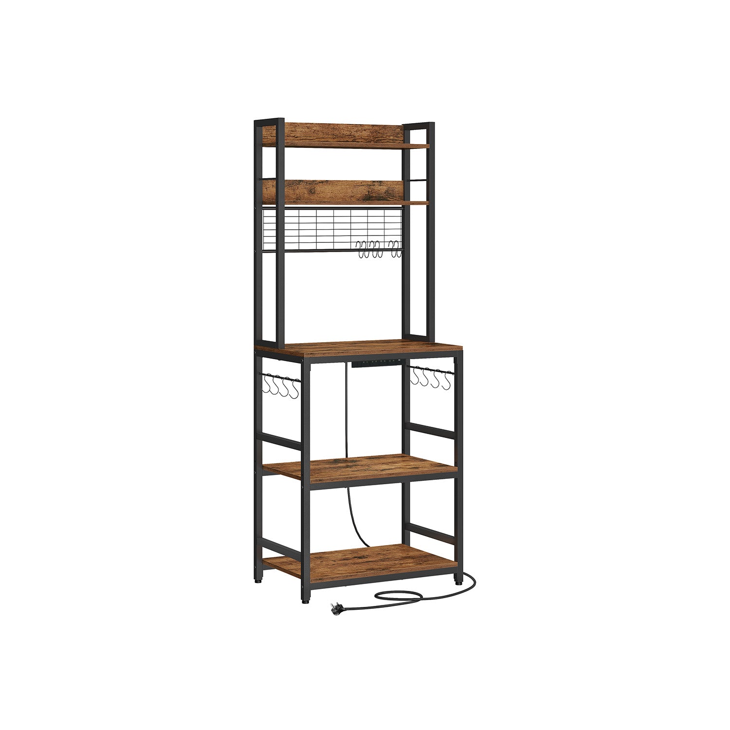 Kitchen Storage Rack - Steel - Rustic Brown - Features Power Outlet and Hooks