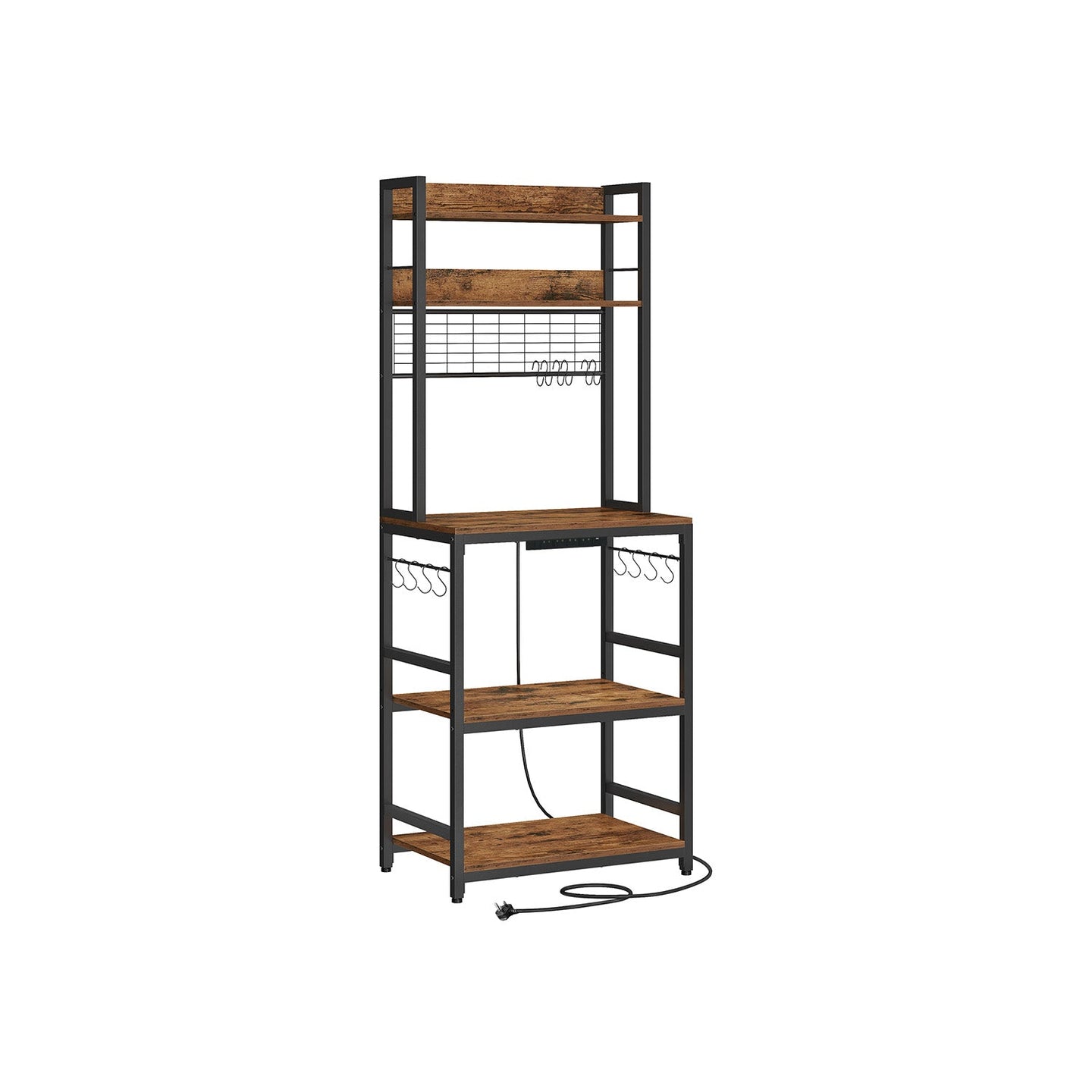 Kitchen Storage Rack - Steel - Rustic Brown - Features Power Outlet and Hooks