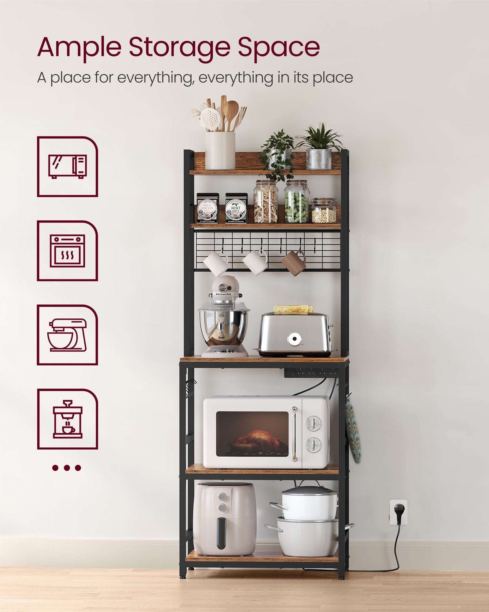 Kitchen Storage Rack - Steel - Rustic Brown - Features Power Outlet and Hooks