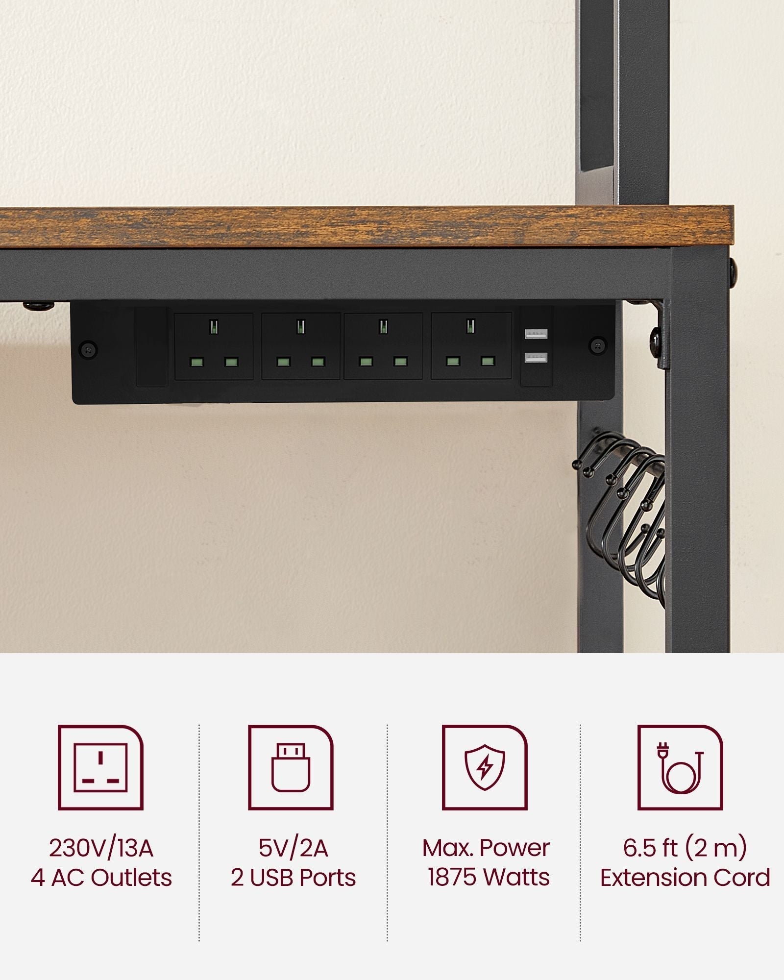 Kitchen Storage Rack - Steel - Rustic Brown - Features Power Outlet and Hooks