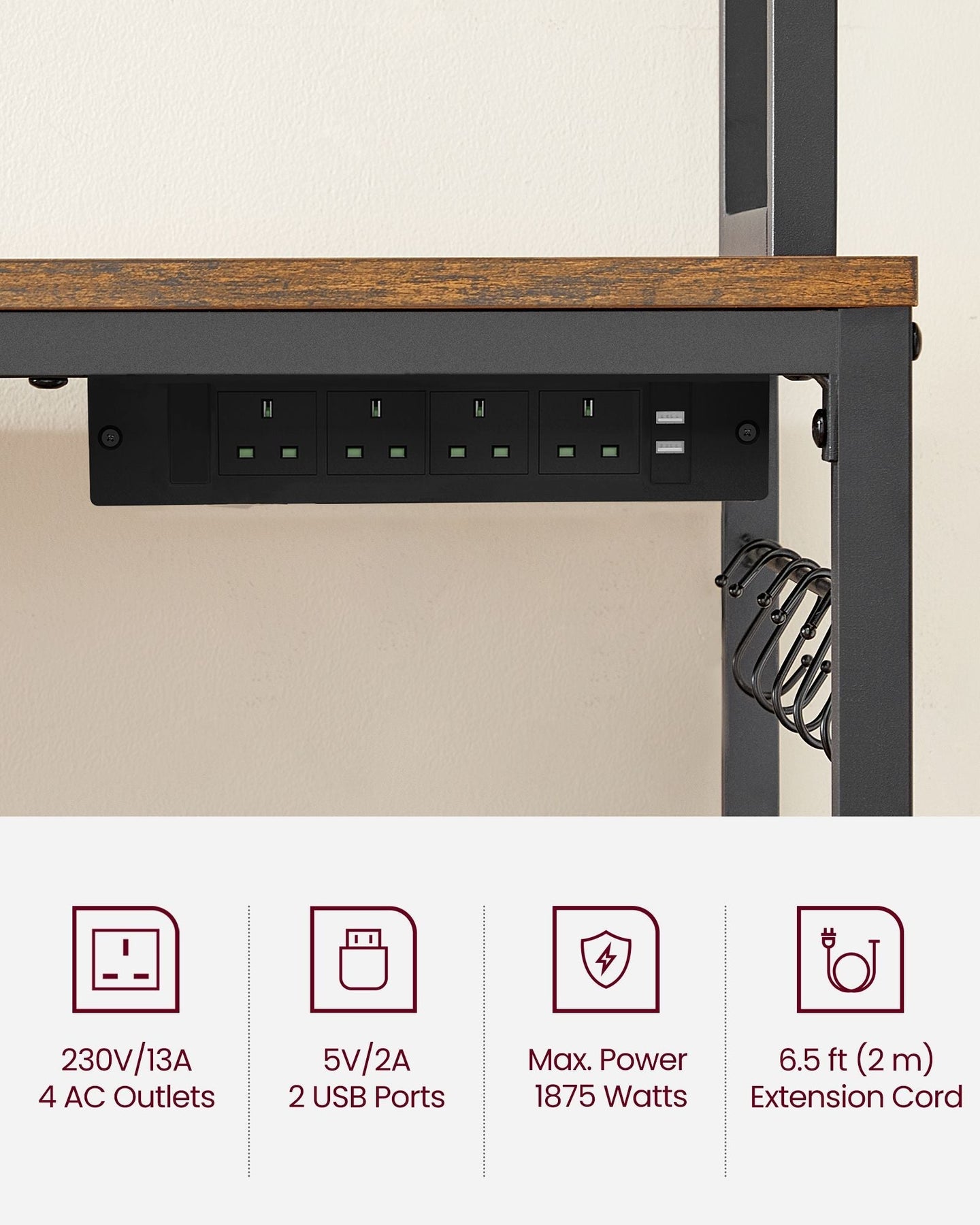 Kitchen Storage Rack - Steel - Rustic Brown - Features Power Outlet and Hooks