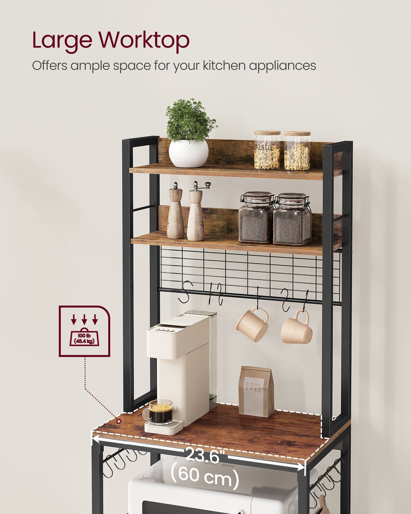 Kitchen Storage Rack - Steel - Rustic Brown - Features Power Outlet and Hooks