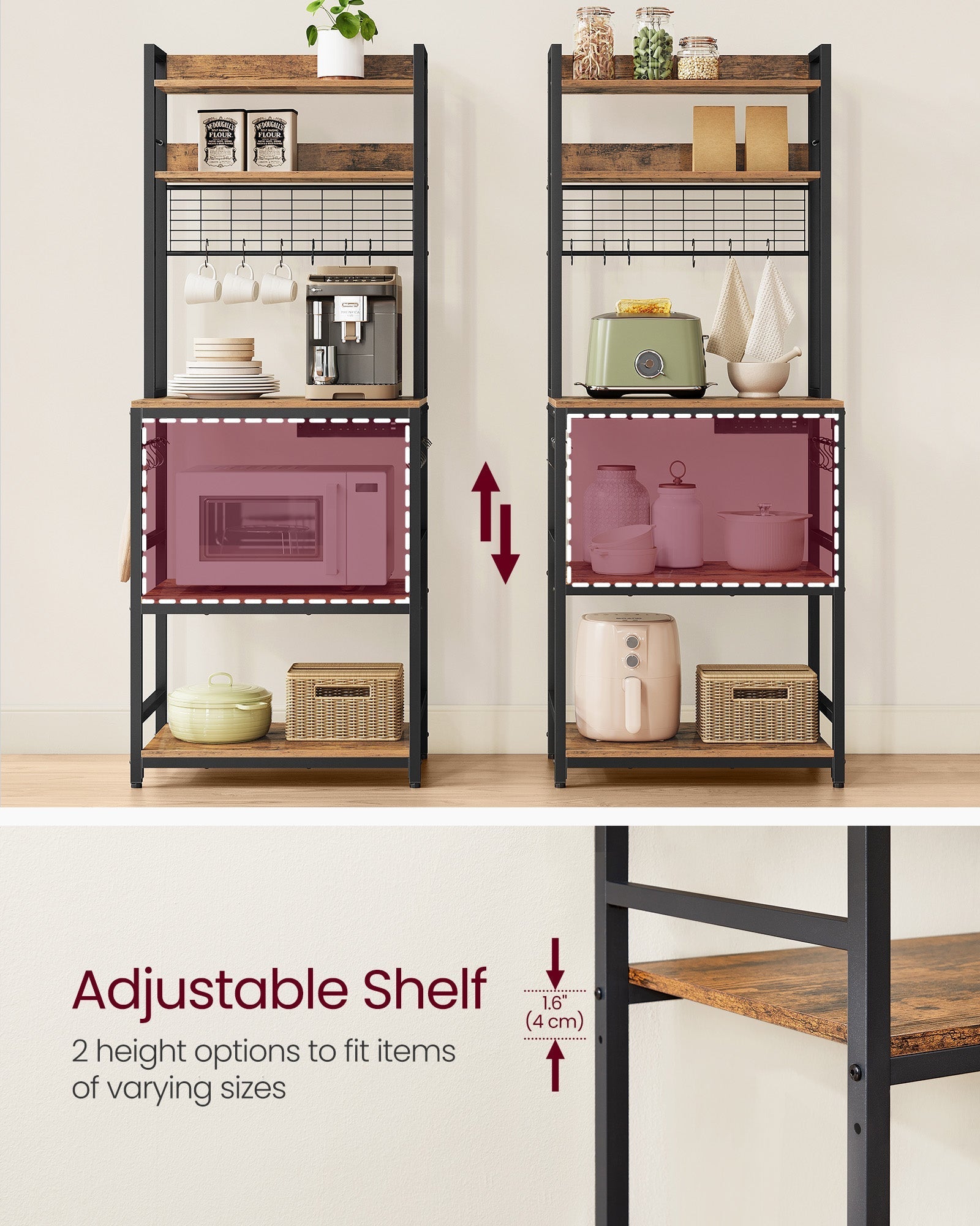 Kitchen Storage Rack - Steel - Rustic Brown - Features Power Outlet and Hooks