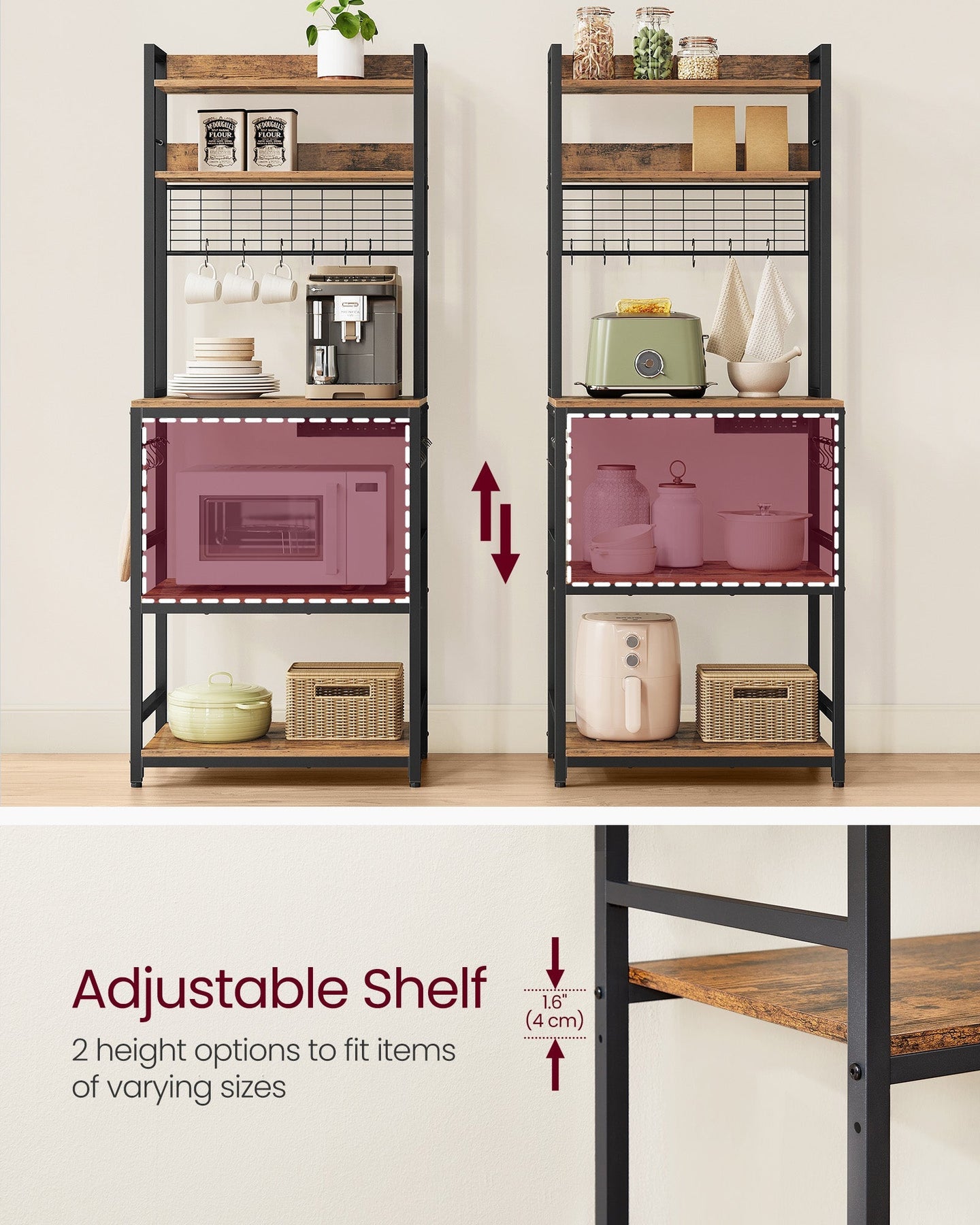 Kitchen Storage Rack - Steel - Rustic Brown - Features Power Outlet and Hooks