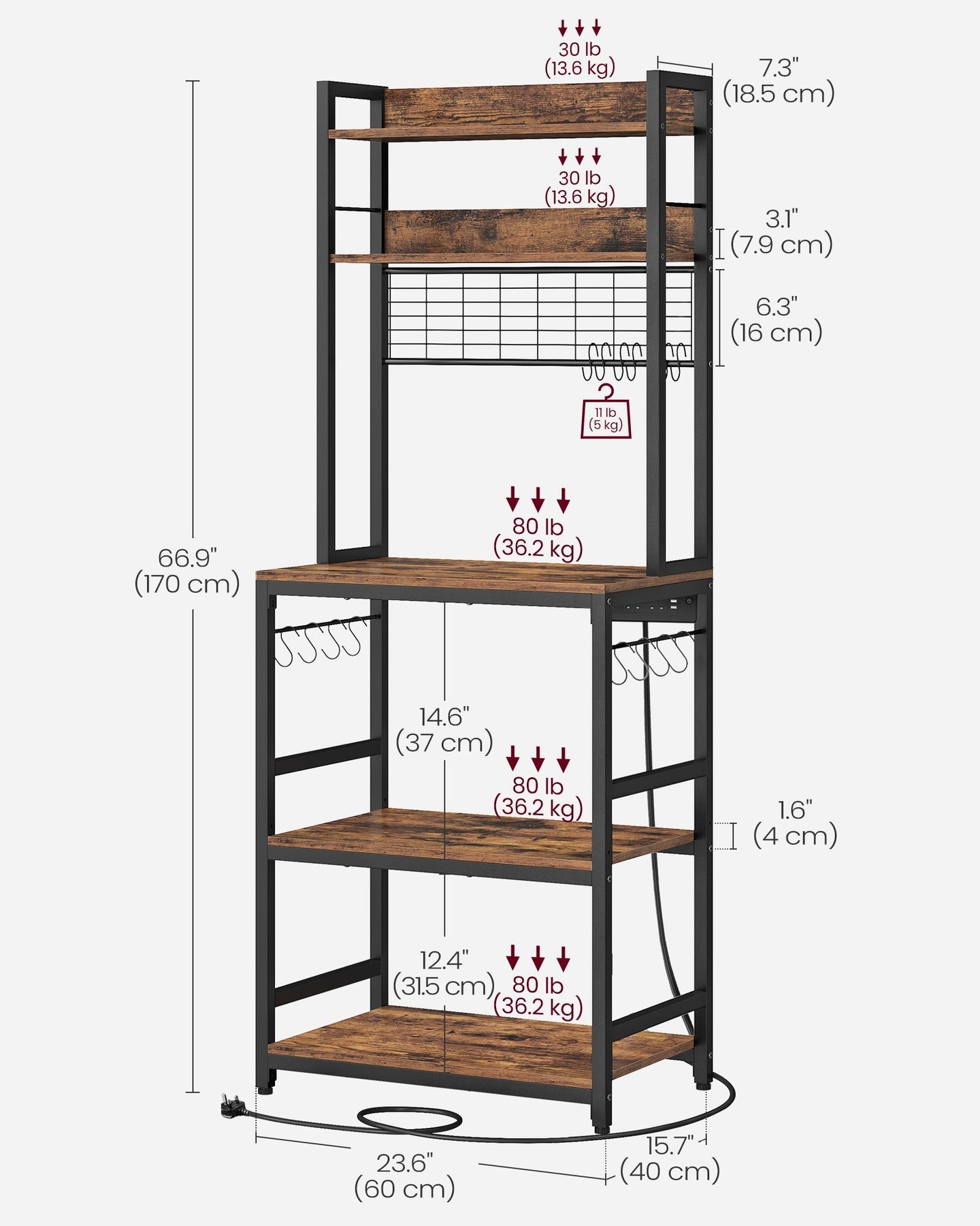 Kitchen Storage Rack - Steel - Rustic Brown - Features Power Outlet and Hooks