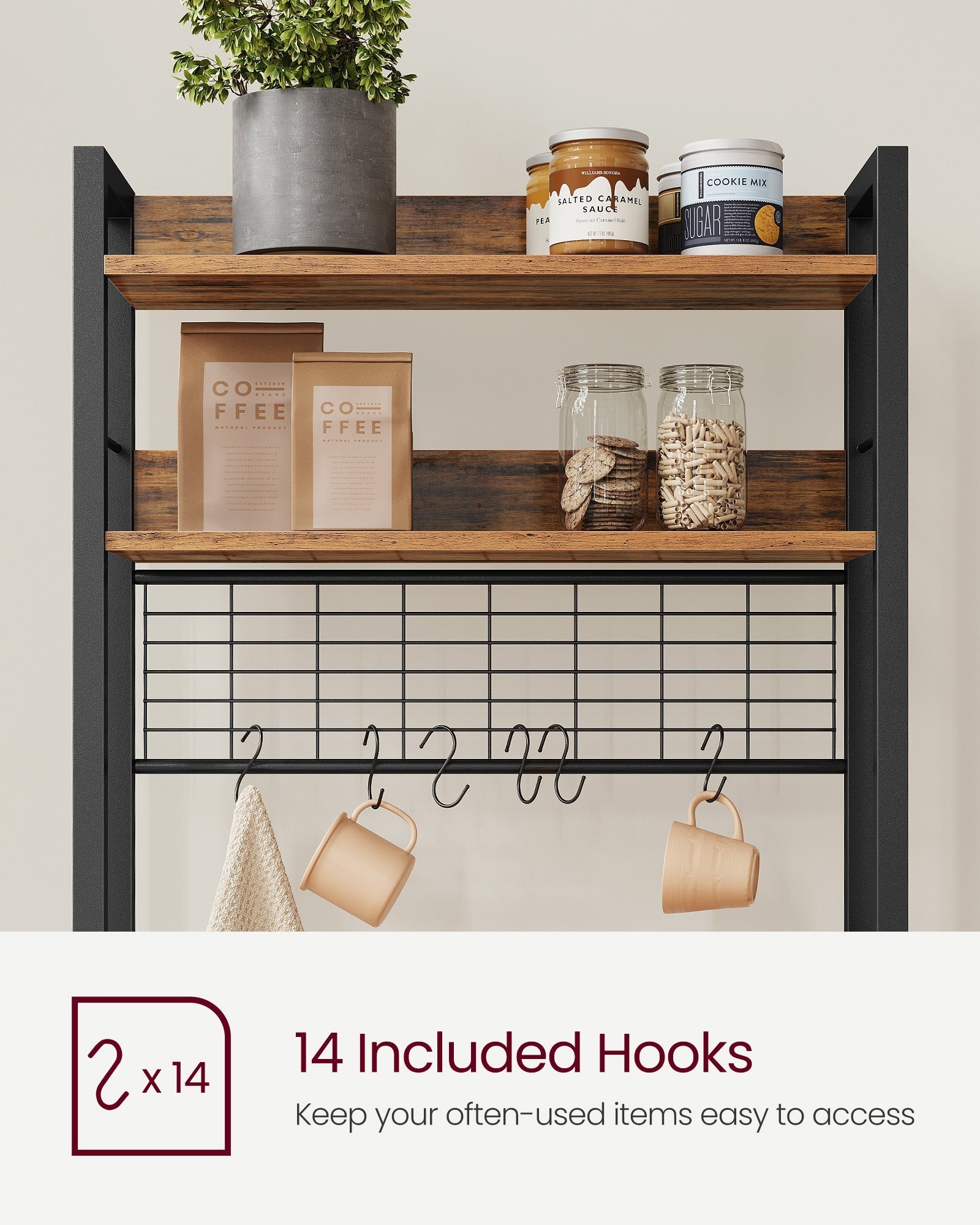 Kitchen Storage Rack - Steel - Rustic Brown - Features Power Outlet and Hooks