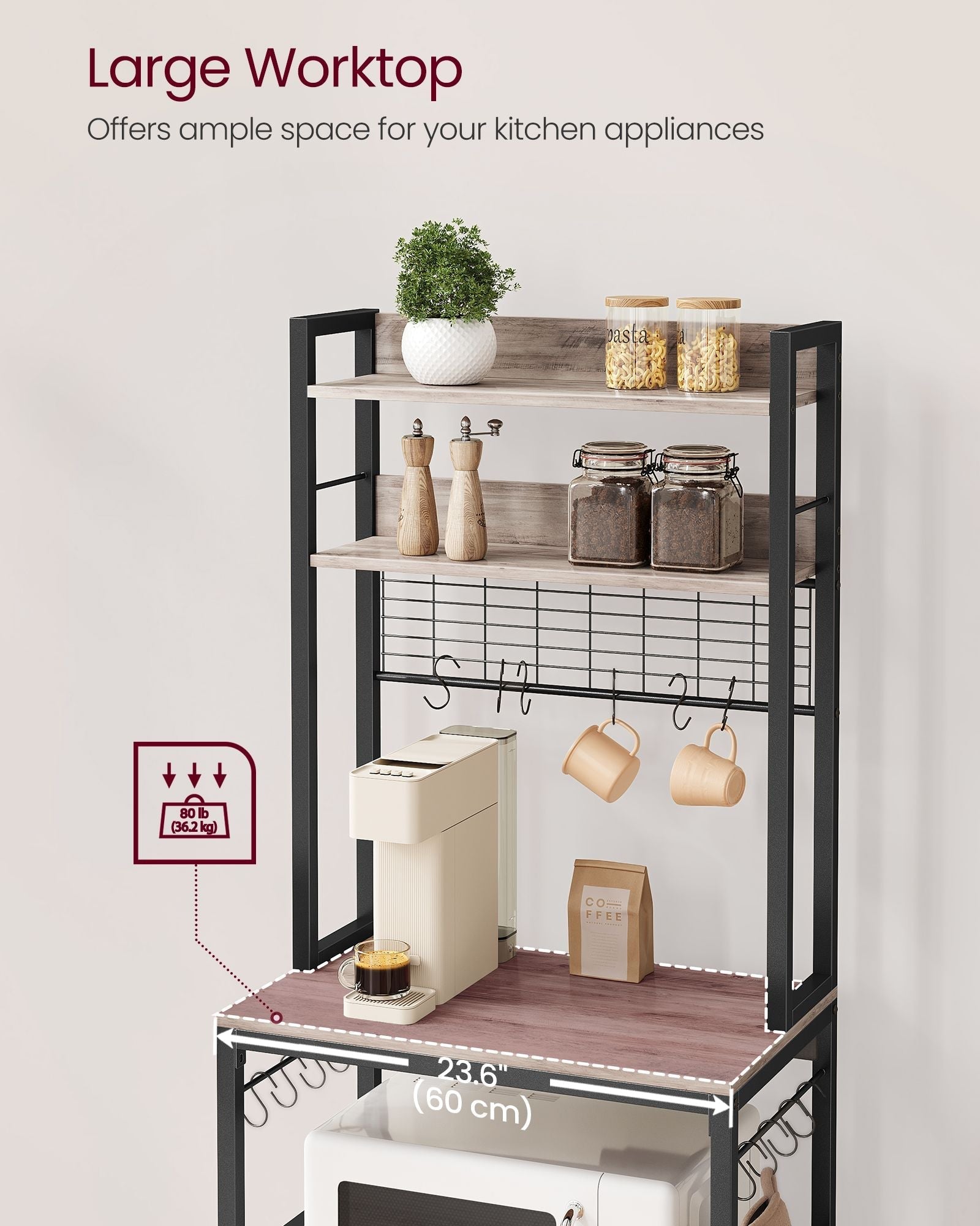 Kitchen Storage Rack - Steel - Rustic Brown - Features Power Outlet and Hooks