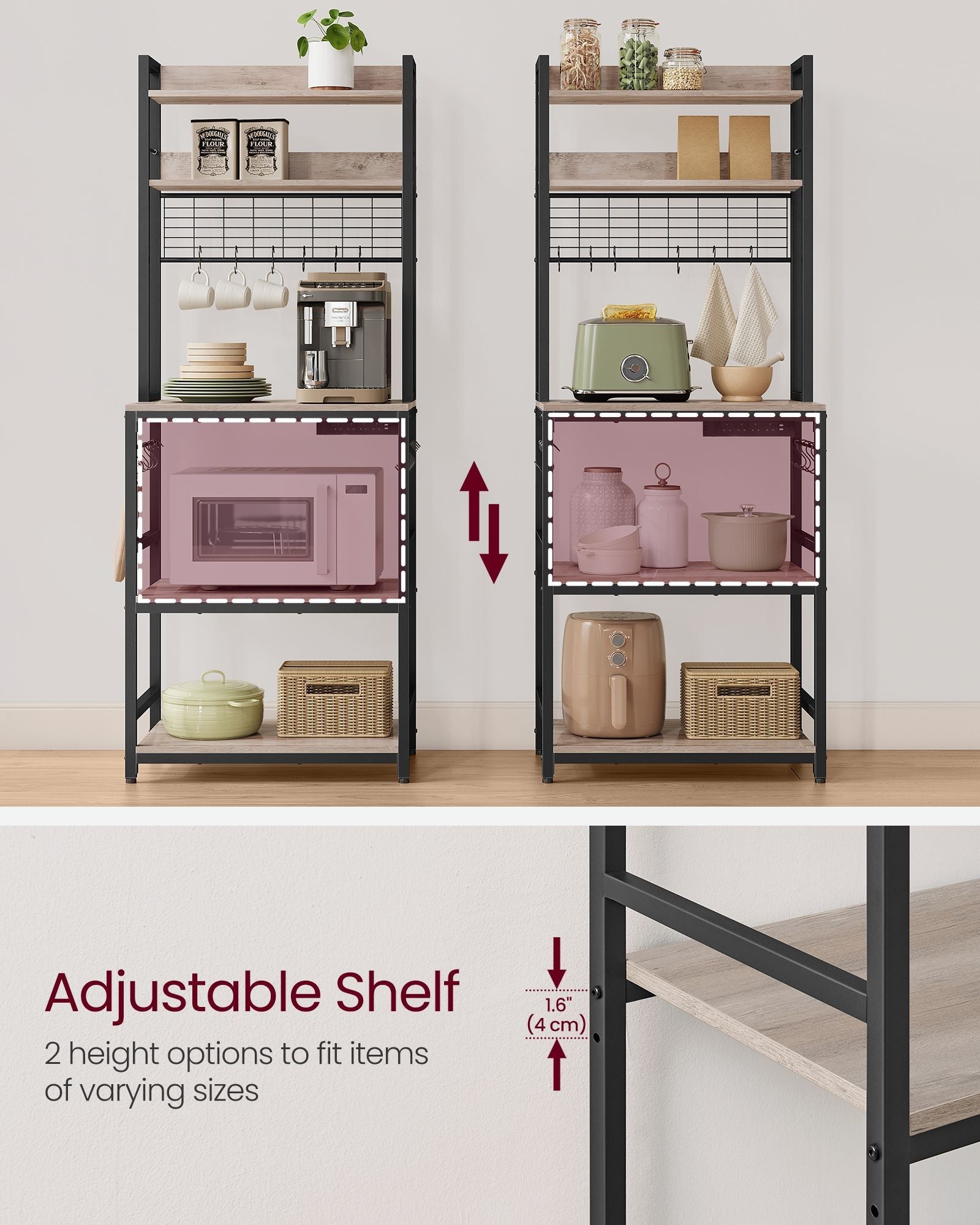 Kitchen Storage Rack - Steel - Rustic Brown - Features Power Outlet and Hooks
