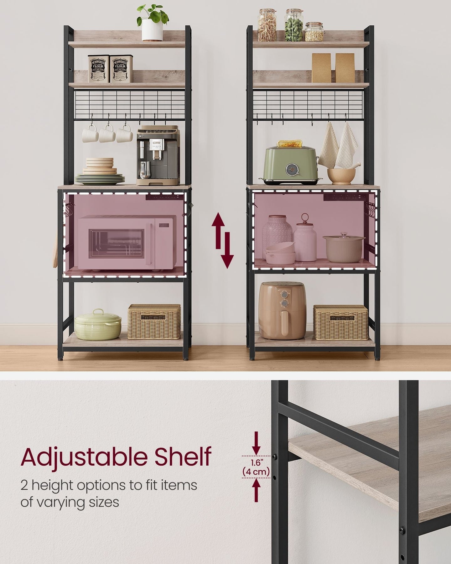Kitchen Storage Rack - Steel - Rustic Brown - Features Power Outlet and Hooks