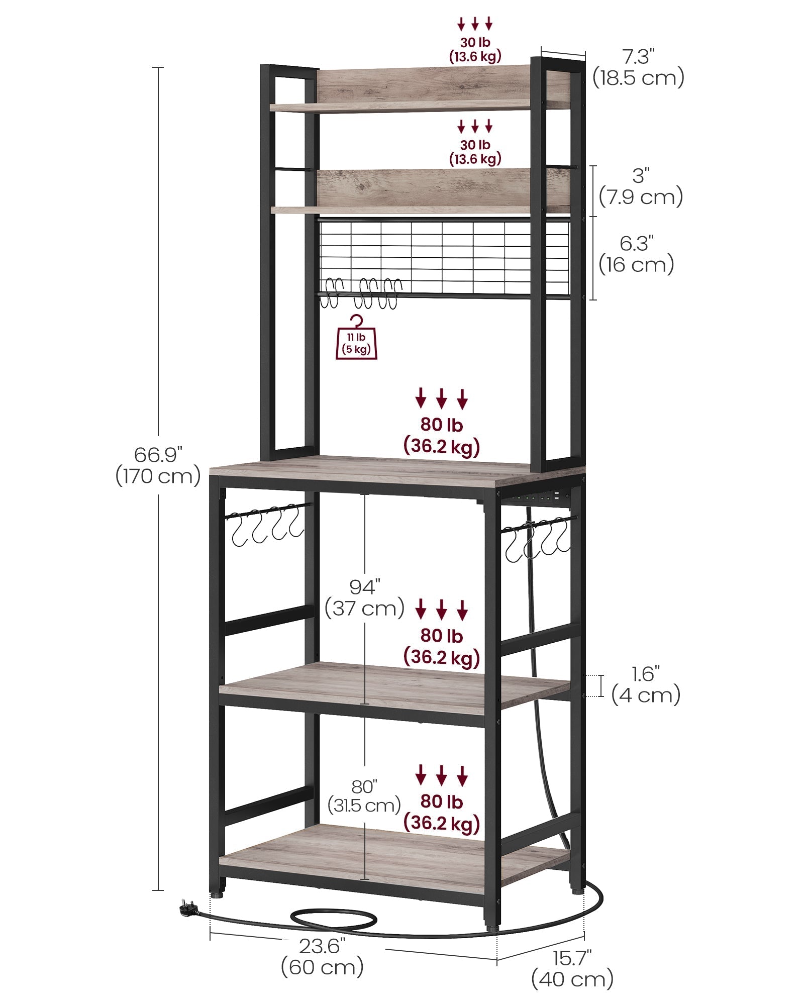 Kitchen Storage Rack - Steel - Rustic Brown - Features Power Outlet and Hooks