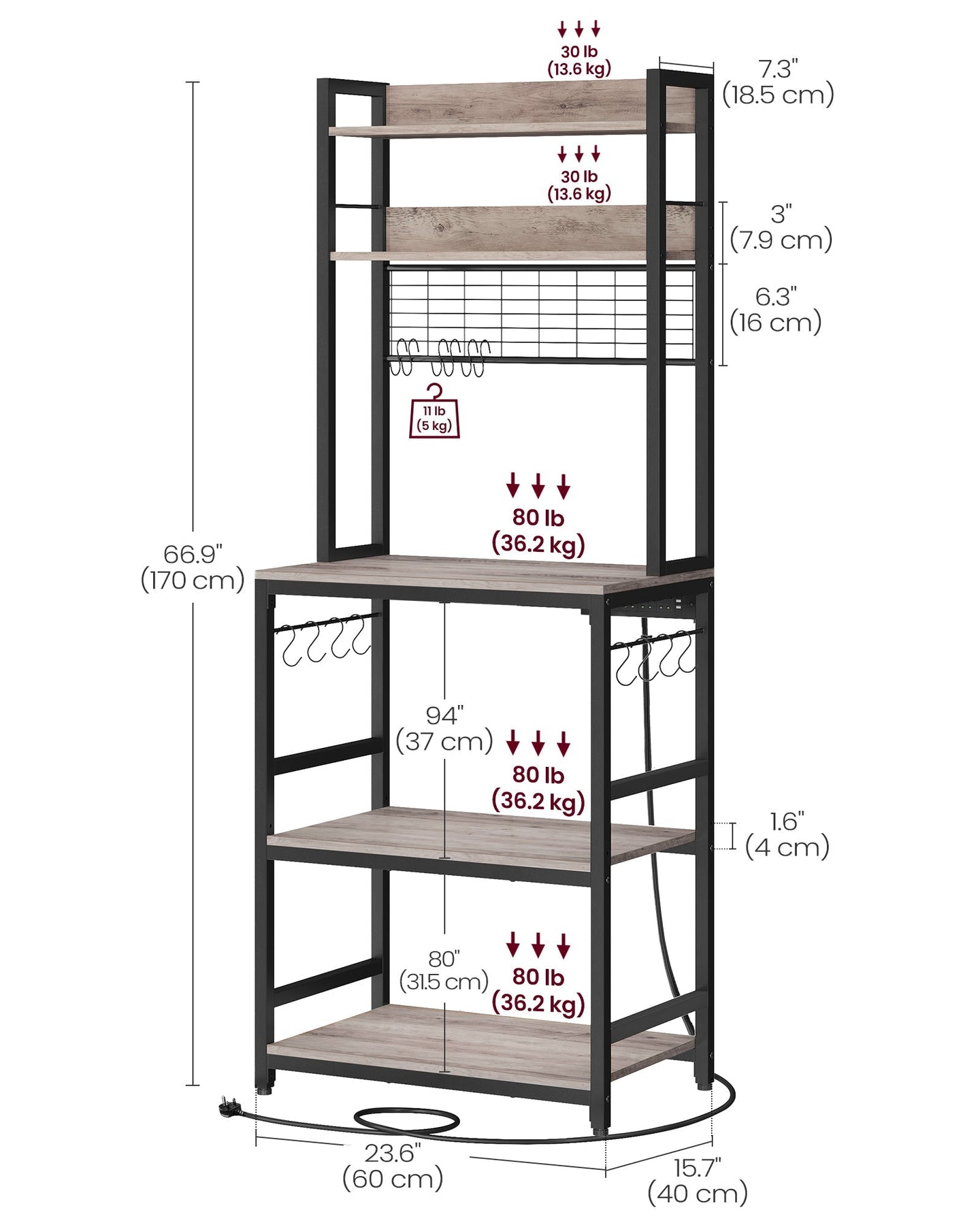 Kitchen Storage Rack - Steel - Rustic Brown - Features Power Outlet and Hooks