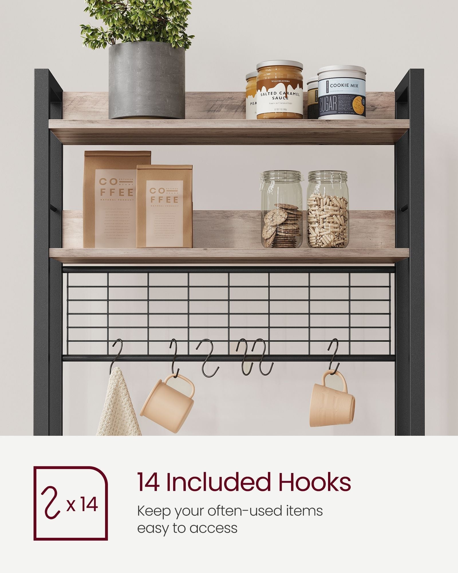 Kitchen Storage Rack - Steel - Rustic Brown - Features Power Outlet and Hooks