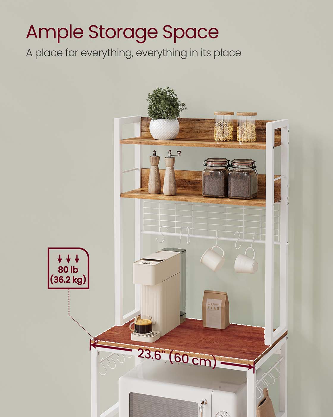 Kitchen Storage Rack - Steel Frame - Rustic Walnut and White - Power Outlet and 14 Hooks