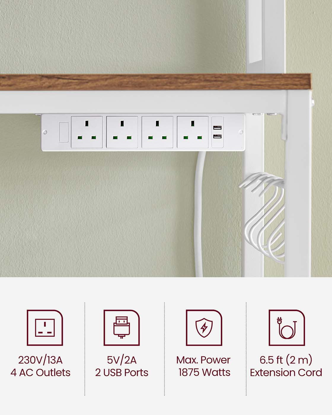 Kitchen Storage Rack - Steel Frame - Rustic Walnut and White - Power Outlet and 14 Hooks