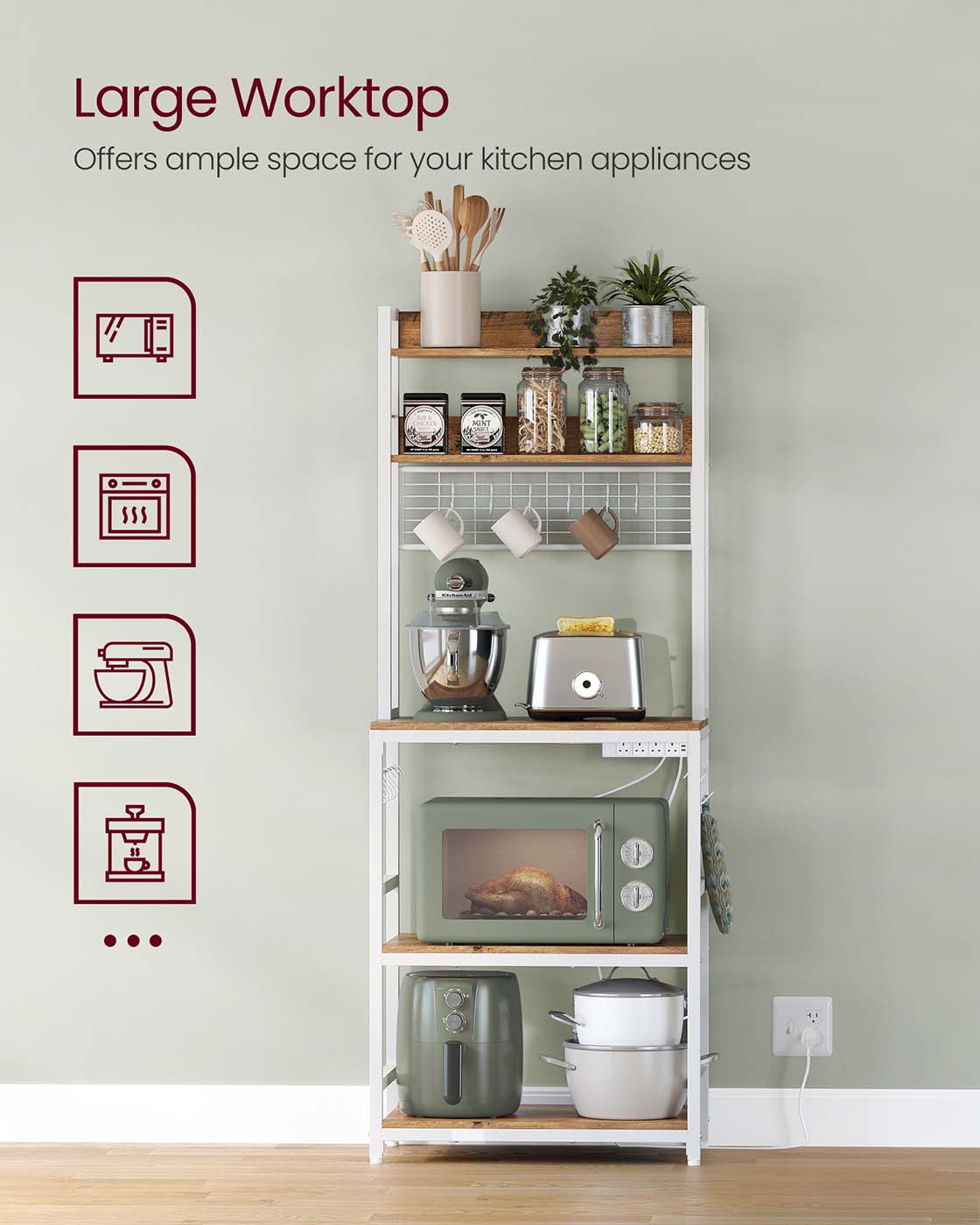 Kitchen Storage Rack - Steel Frame - Rustic Walnut and White - Power Outlet and 14 Hooks