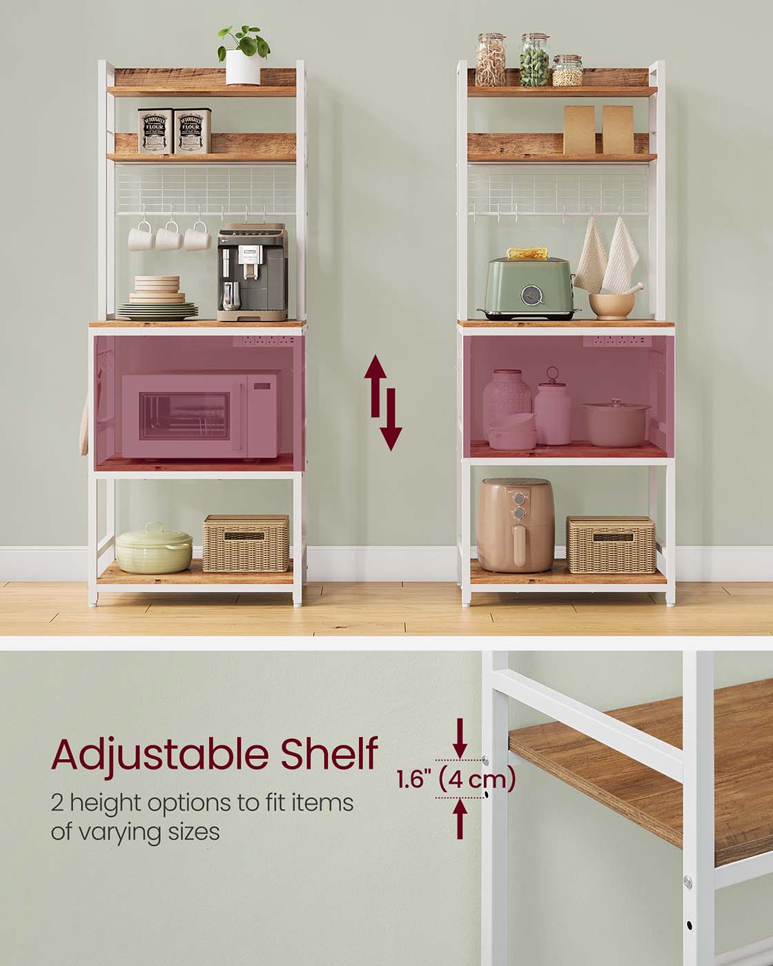 Kitchen Storage Rack - Steel Frame - Rustic Walnut and White - Power Outlet and 14 Hooks