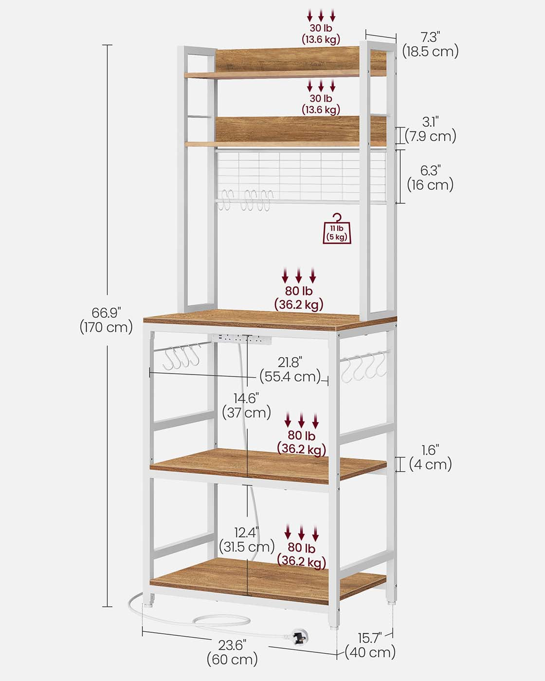 Kitchen Storage Rack - Steel Frame - Rustic Walnut and White - Power Outlet and 14 Hooks