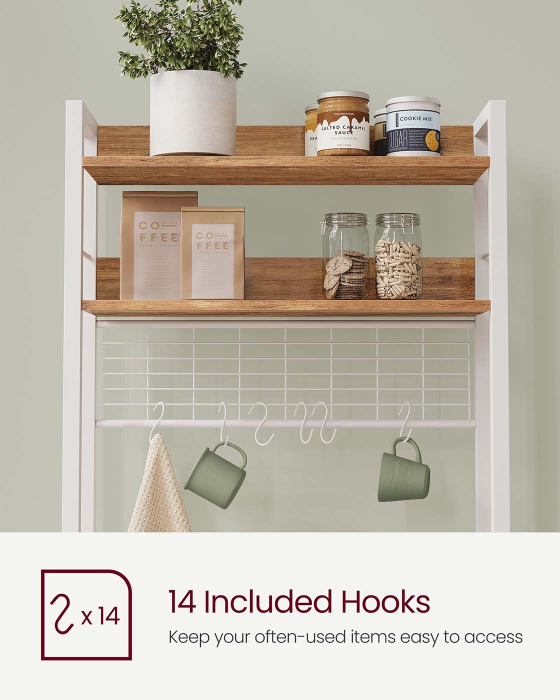 Kitchen Storage Rack - Steel Frame - Rustic Walnut and White - Power Outlet and 14 Hooks