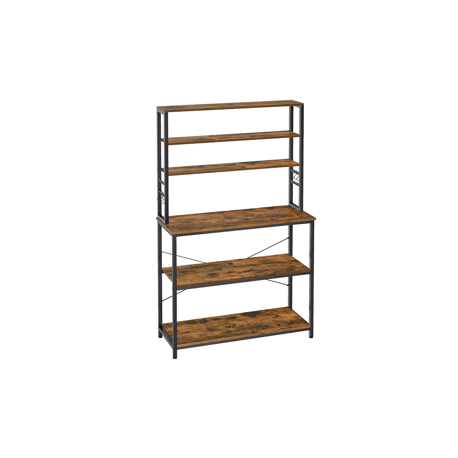 Kitchen Storage Rack - 6 Shelves and Hooks - Steel - Rustic Brown and Black