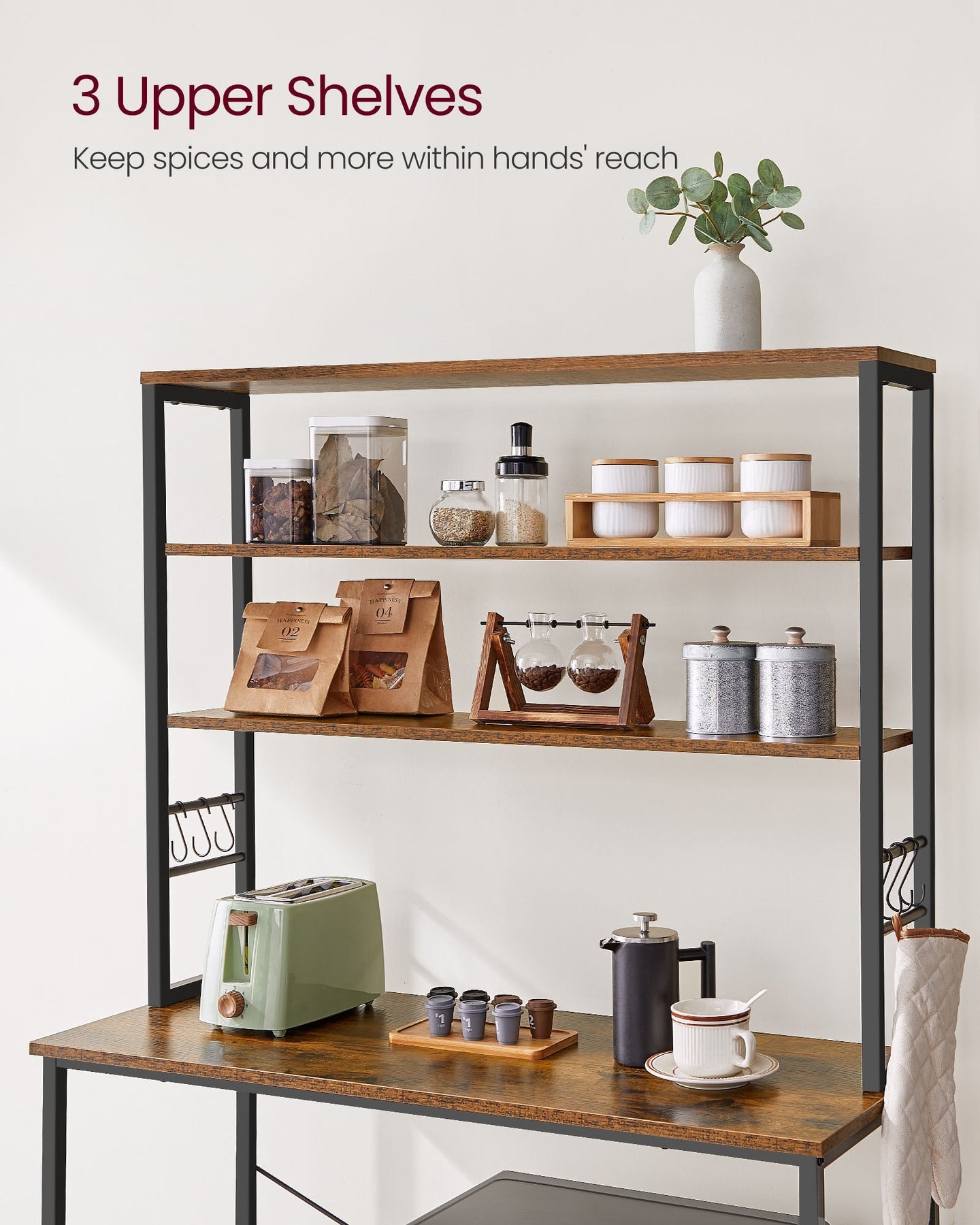 Kitchen Storage Rack - 6 Shelves and Hooks - Steel - Rustic Brown and Black