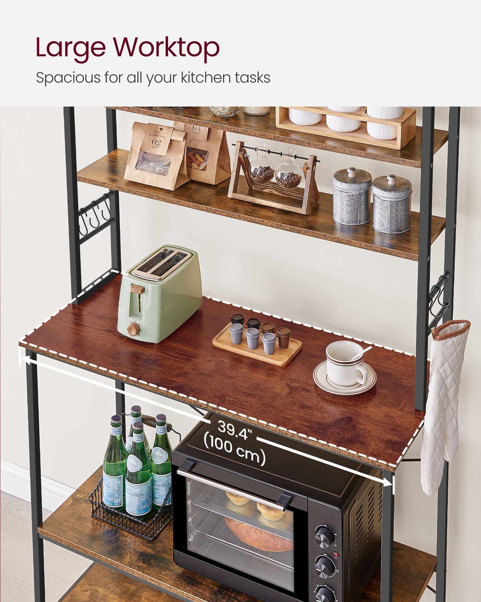 Kitchen Storage Rack - 6 Shelves and Hooks - Steel - Rustic Brown and Black