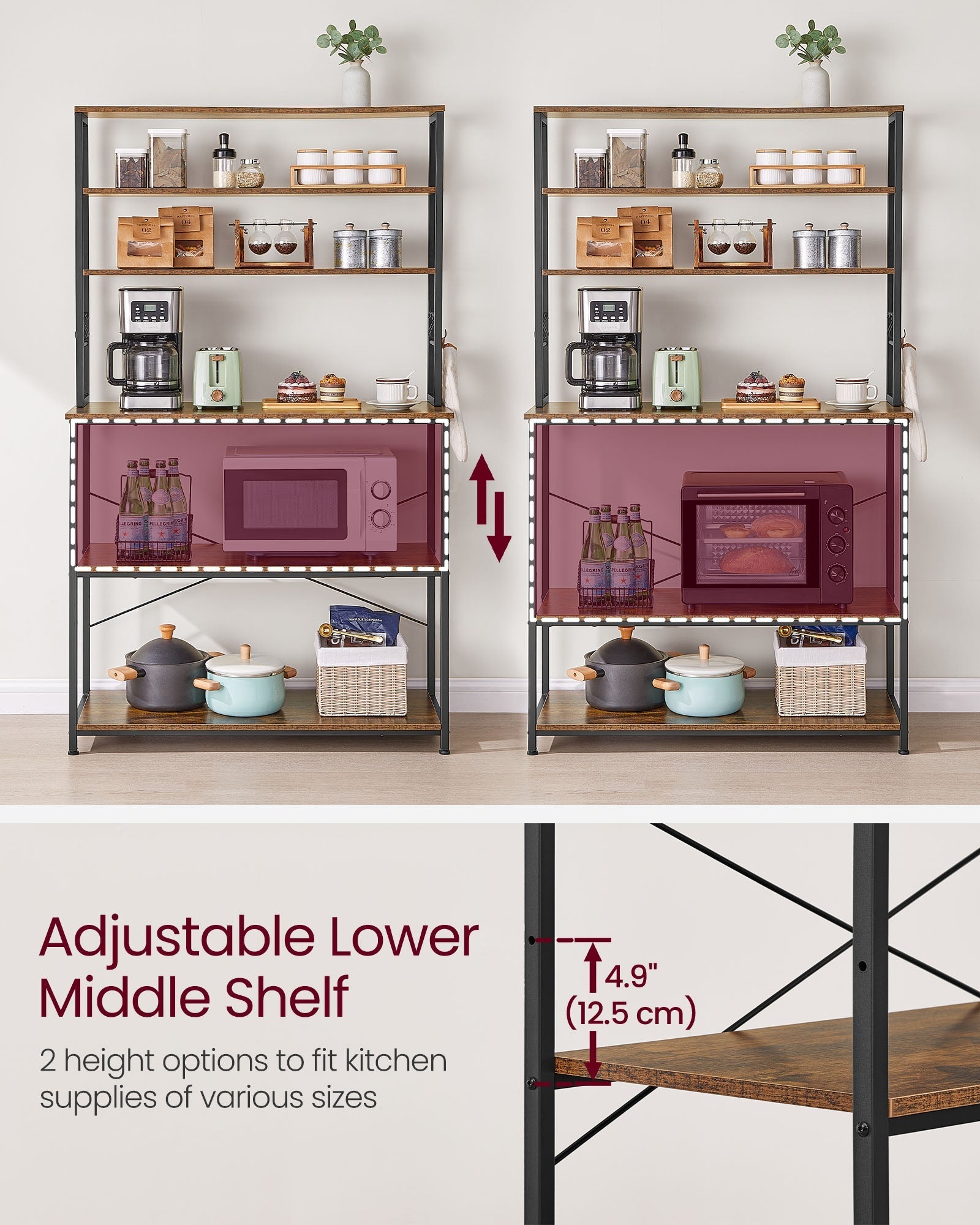 Kitchen Storage Rack - 6 Shelves and Hooks - Steel - Rustic Brown and Black