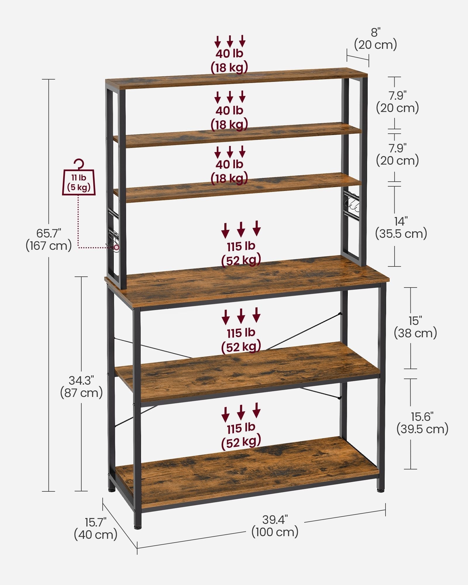 Kitchen Storage Rack - 6 Shelves and Hooks - Steel - Rustic Brown and Black
